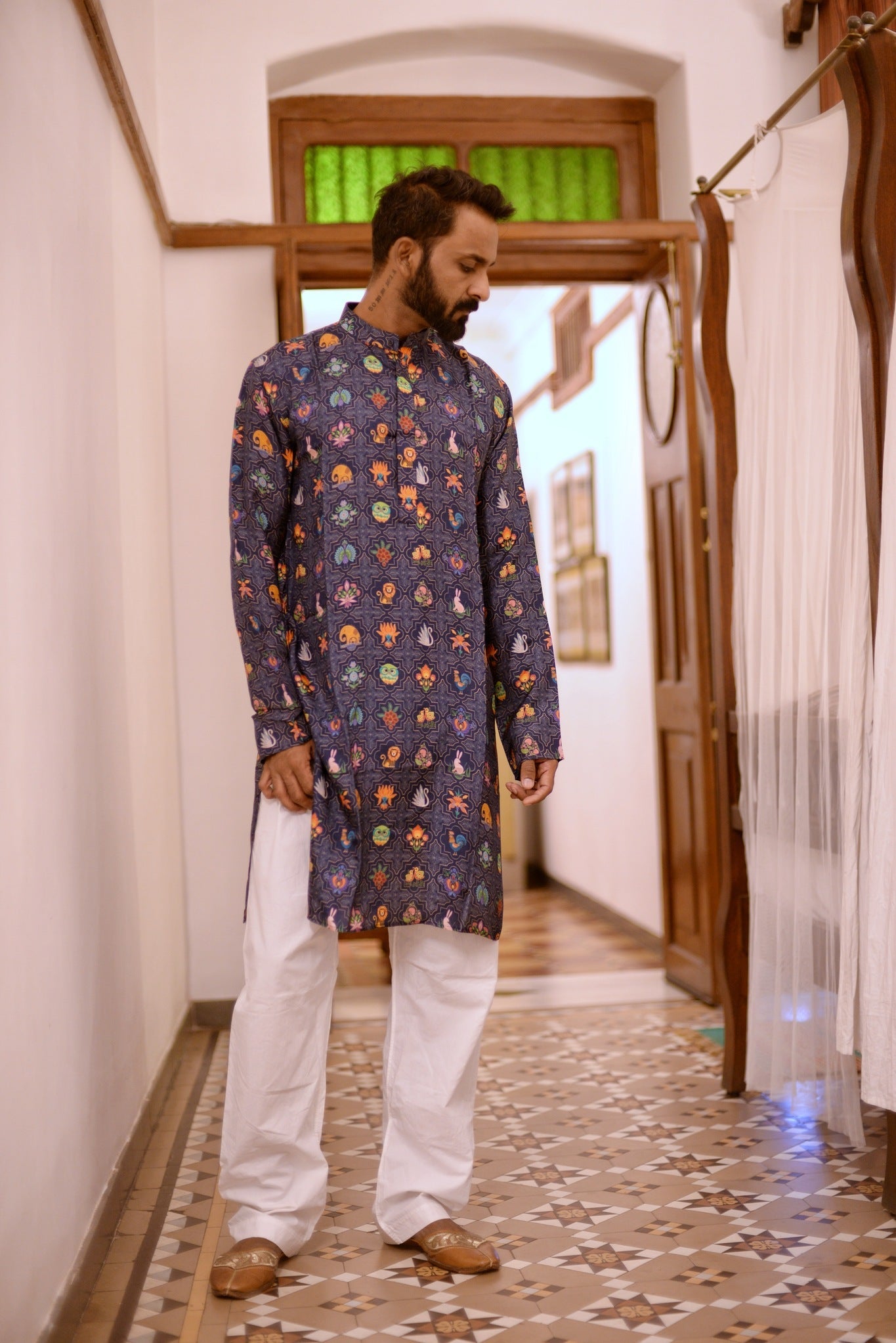 Blue Floral Motif Kurta - CiceroniKurta, Festive WearHouse Of K.C
