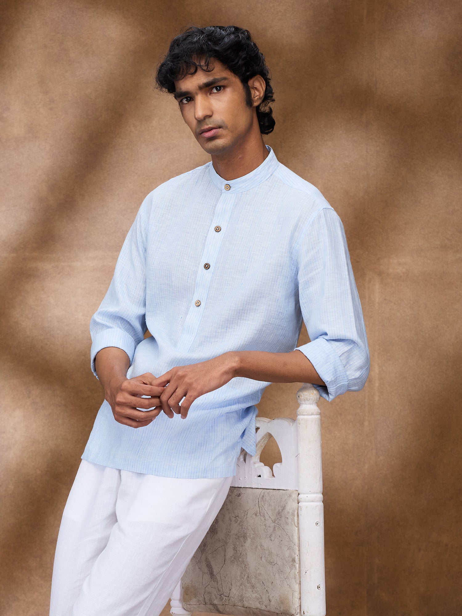 Blue Striped 100% Linen Short Kurta - CiceroniMen Shirtsbhrāta