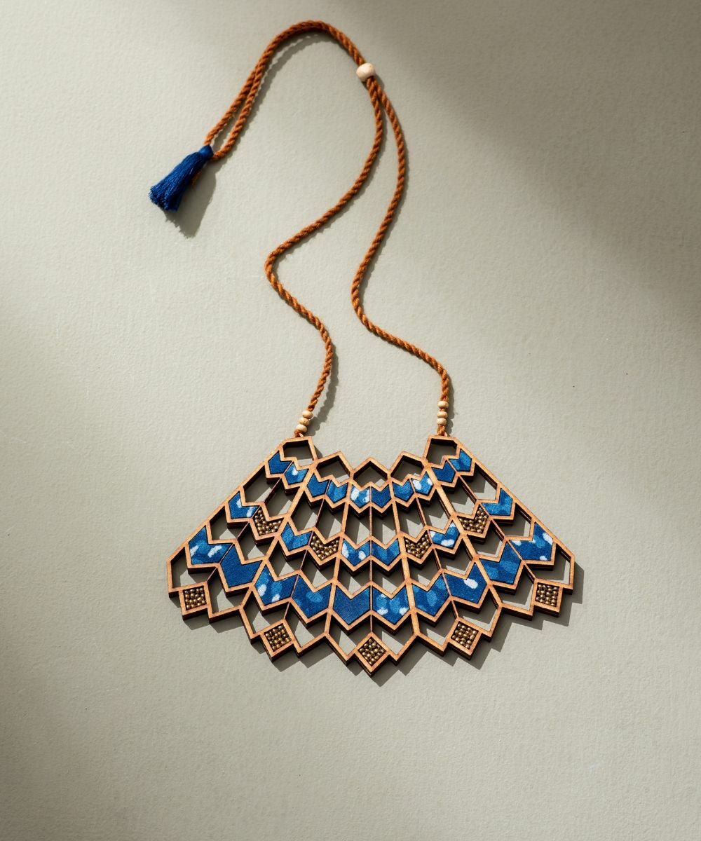 Blue Wave Pattern Kalamkari Necklace - CiceroniNecklaceWhe by Abira