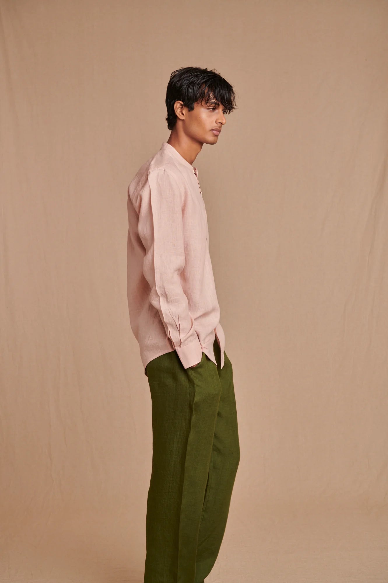 Blush Linen Men's Band Collar Shirt - Slim Fit - CiceroniShirtSaphed