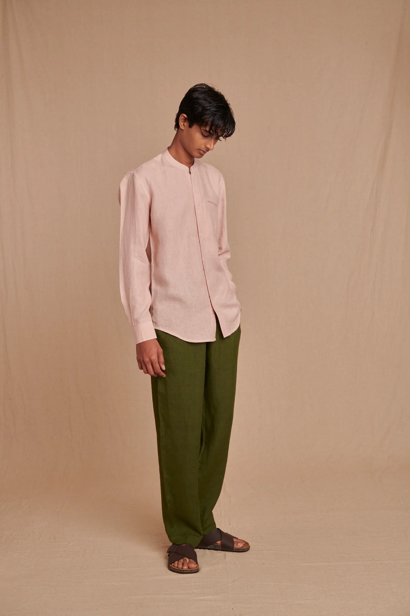 Blush Linen Men's Band Collar Shirt - Slim Fit - CiceroniShirtSaphed