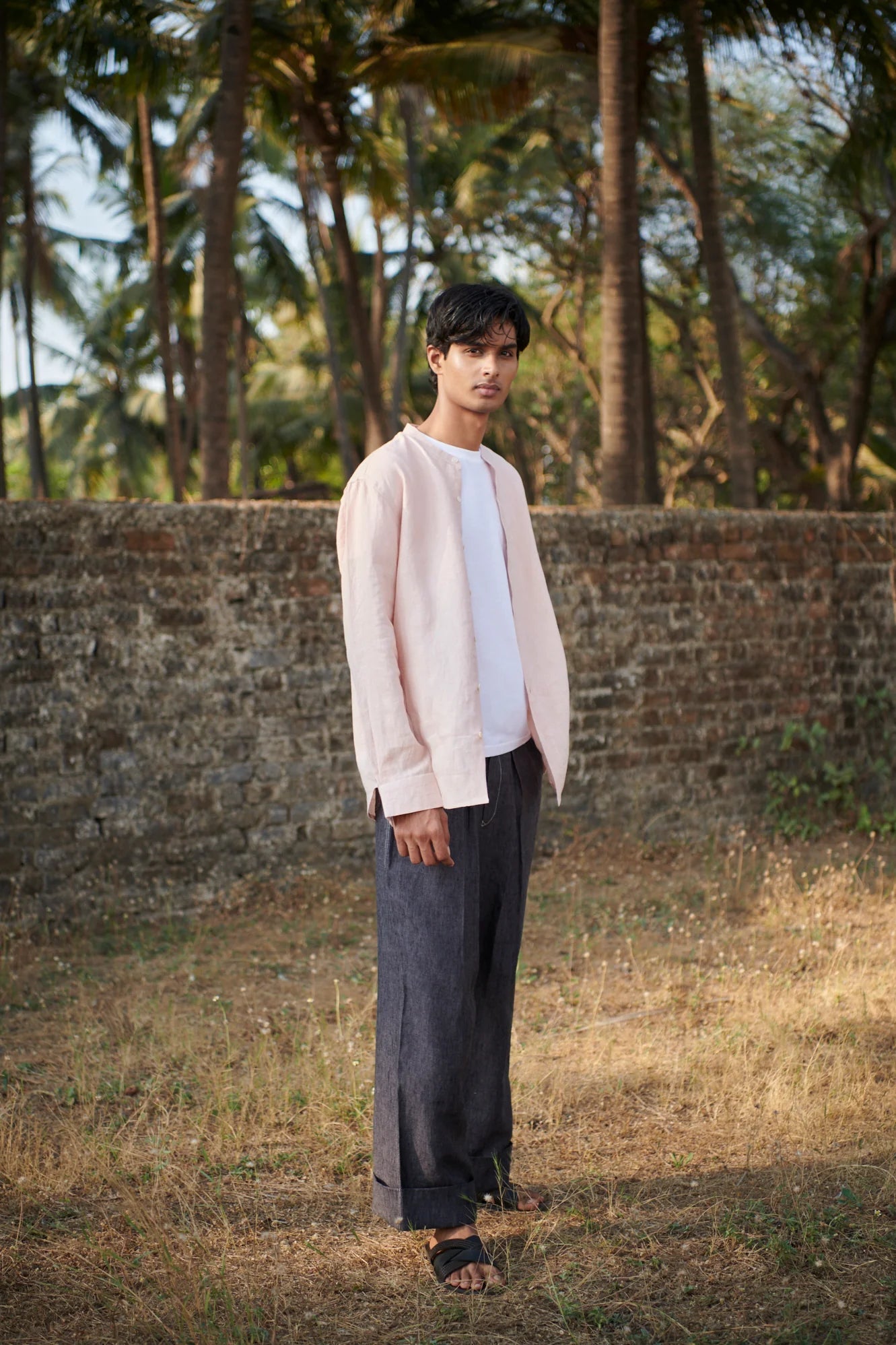 Blush Linen Men's Band Collar Shirt - CiceroniShirtSaphed