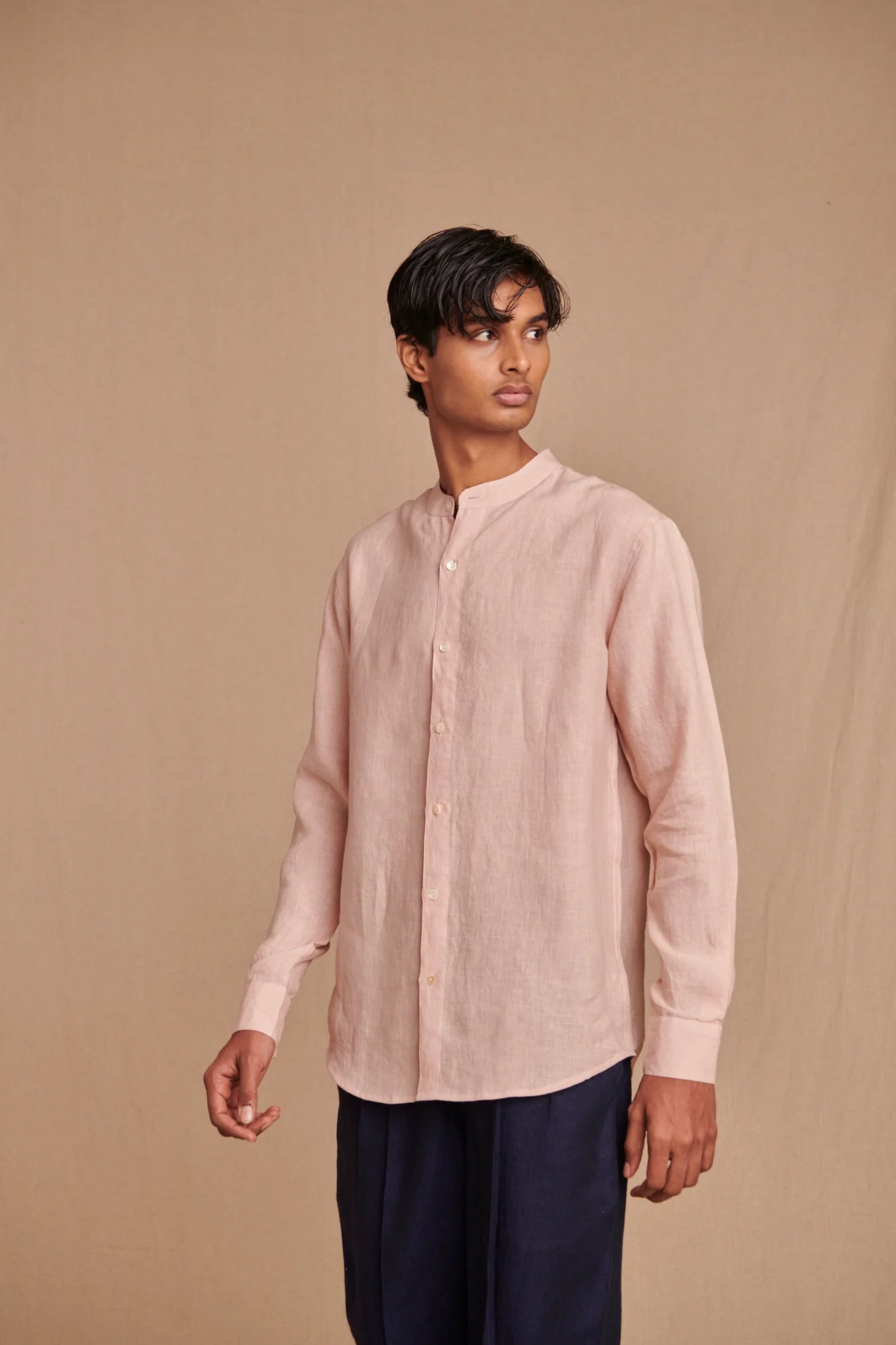 Blush Linen Men's Band Collar Shirt - CiceroniShirtSaphed