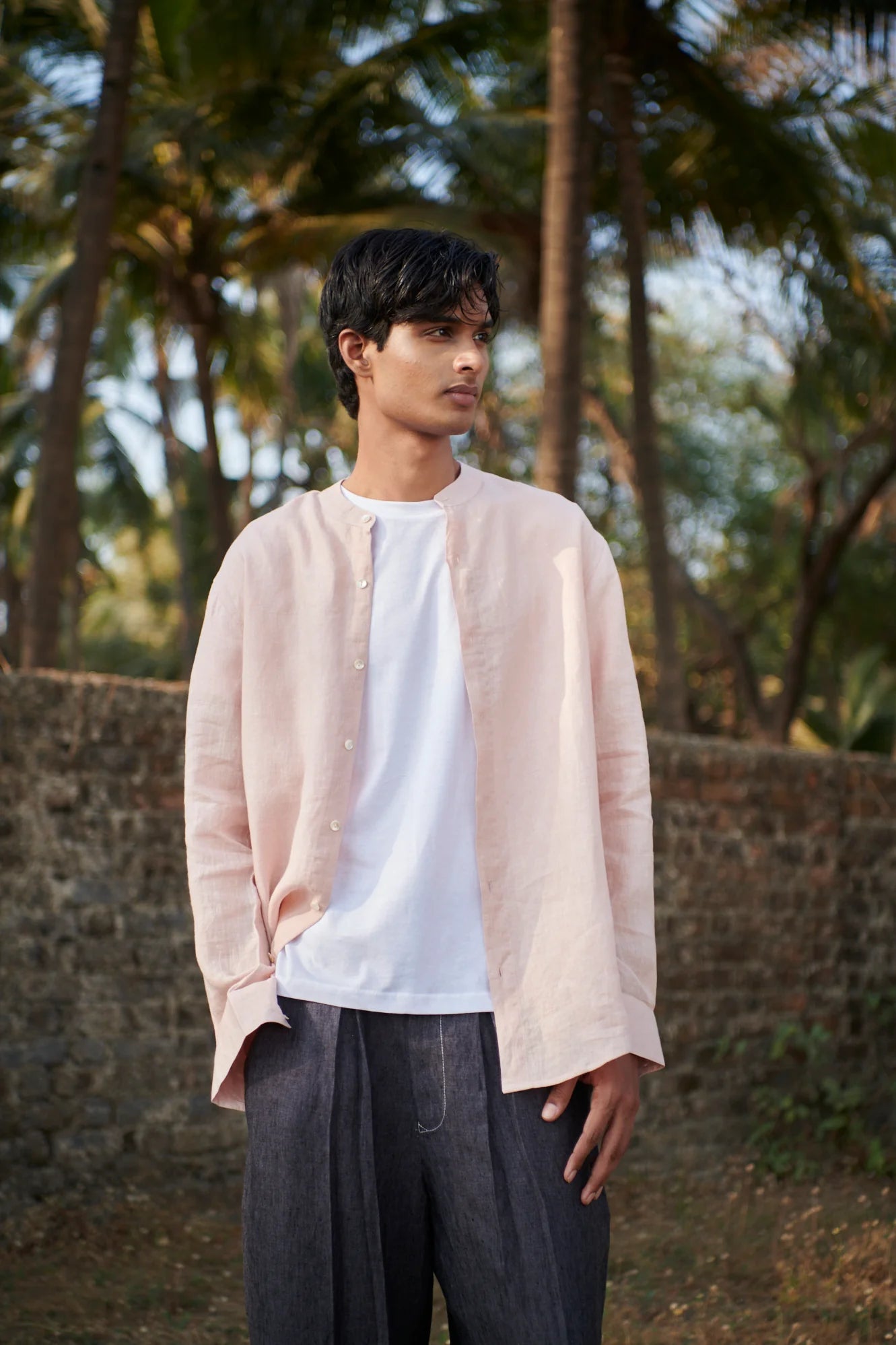 Blush Linen Men's Band Collar Shirt - CiceroniShirtSaphed