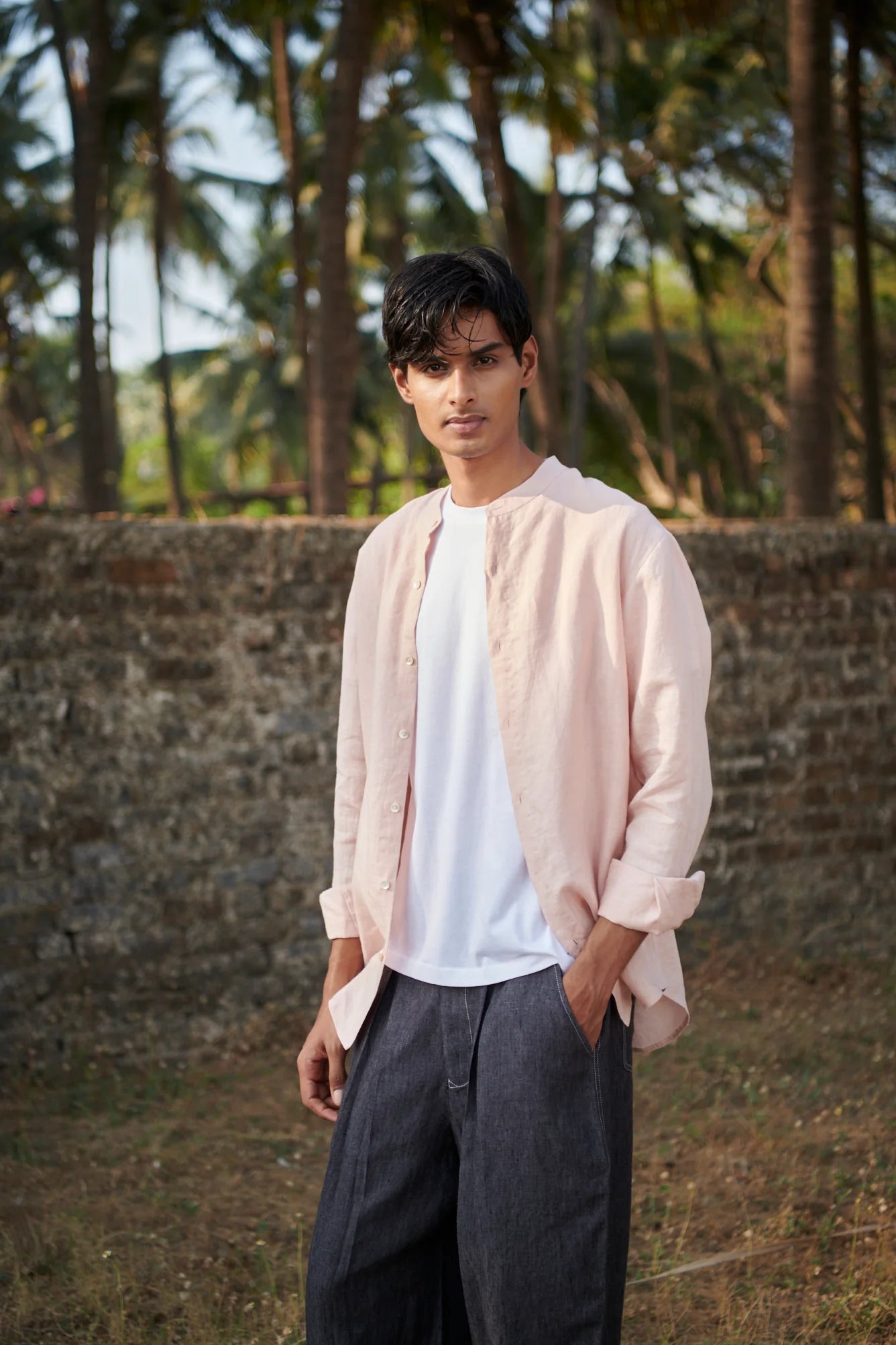 Blush Linen Men's Band Collar Shirt - CiceroniShirtSaphed