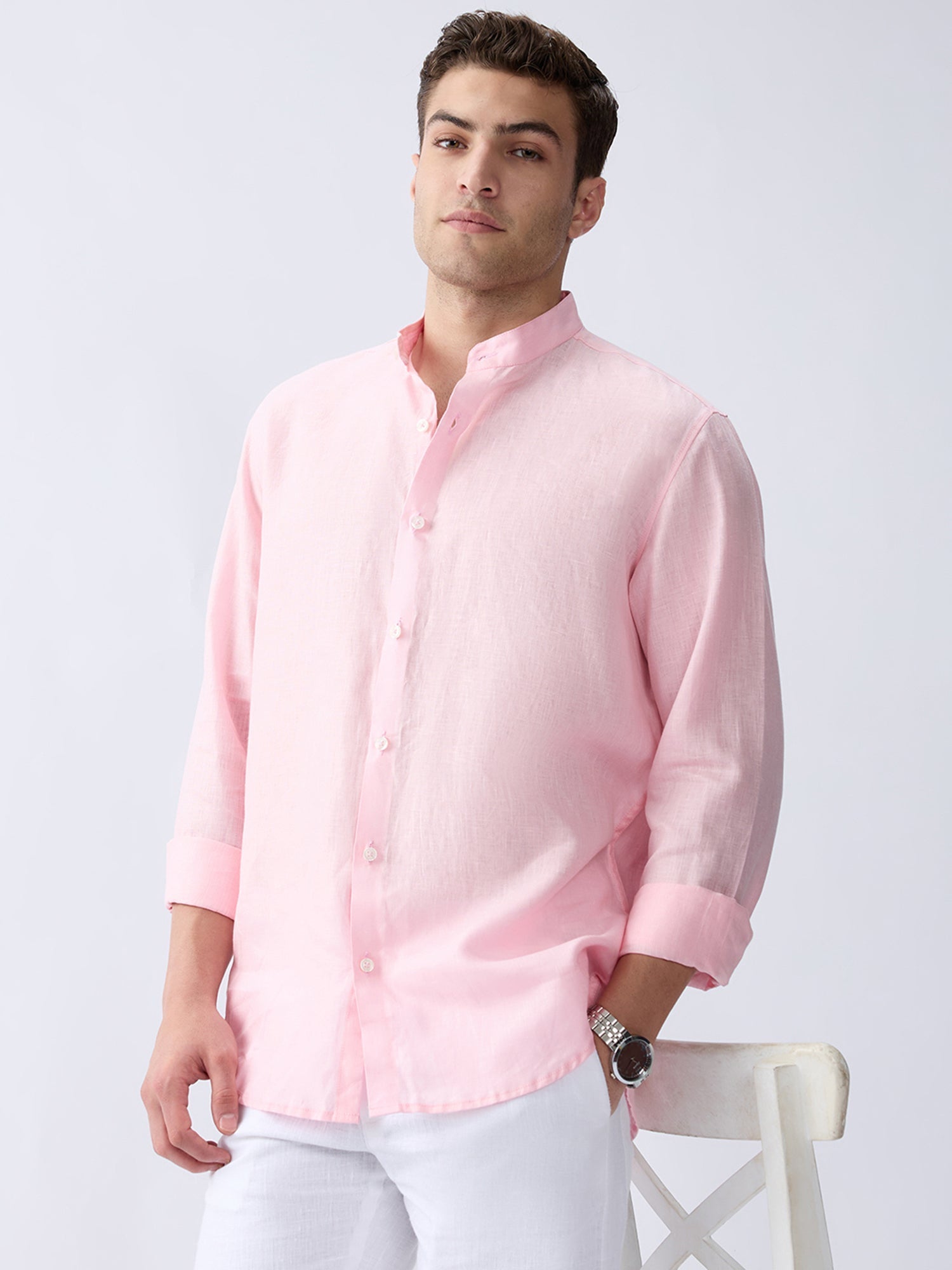 Blush Pink Mandarin 100% Pure Linen Shirt - CiceroniMen Shirtsbhrāta