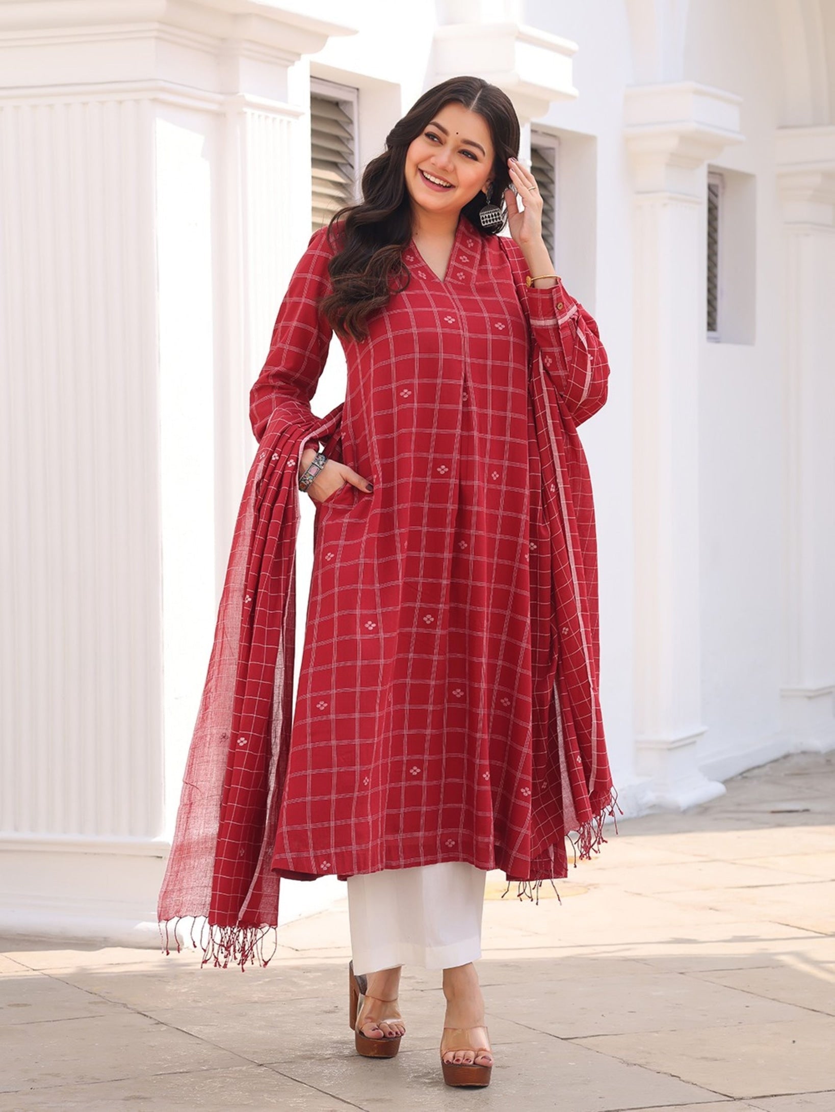 Brick Red Handwoven Checks Jamdani Cotton Kurta Set With Dupatta - CiceroniKurta Set, Everyday WearSutra Art of Clothing