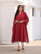 Brick Red Handwoven Checks Jamdani Cotton Kurta Set With Dupatta - CiceroniKurta Set, Everyday WearSutra Art of Clothing