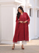 Brick Red Handwoven Checks Jamdani Cotton Kurta Set With Dupatta - CiceroniKurta Set, Everyday WearSutra Art of Clothing