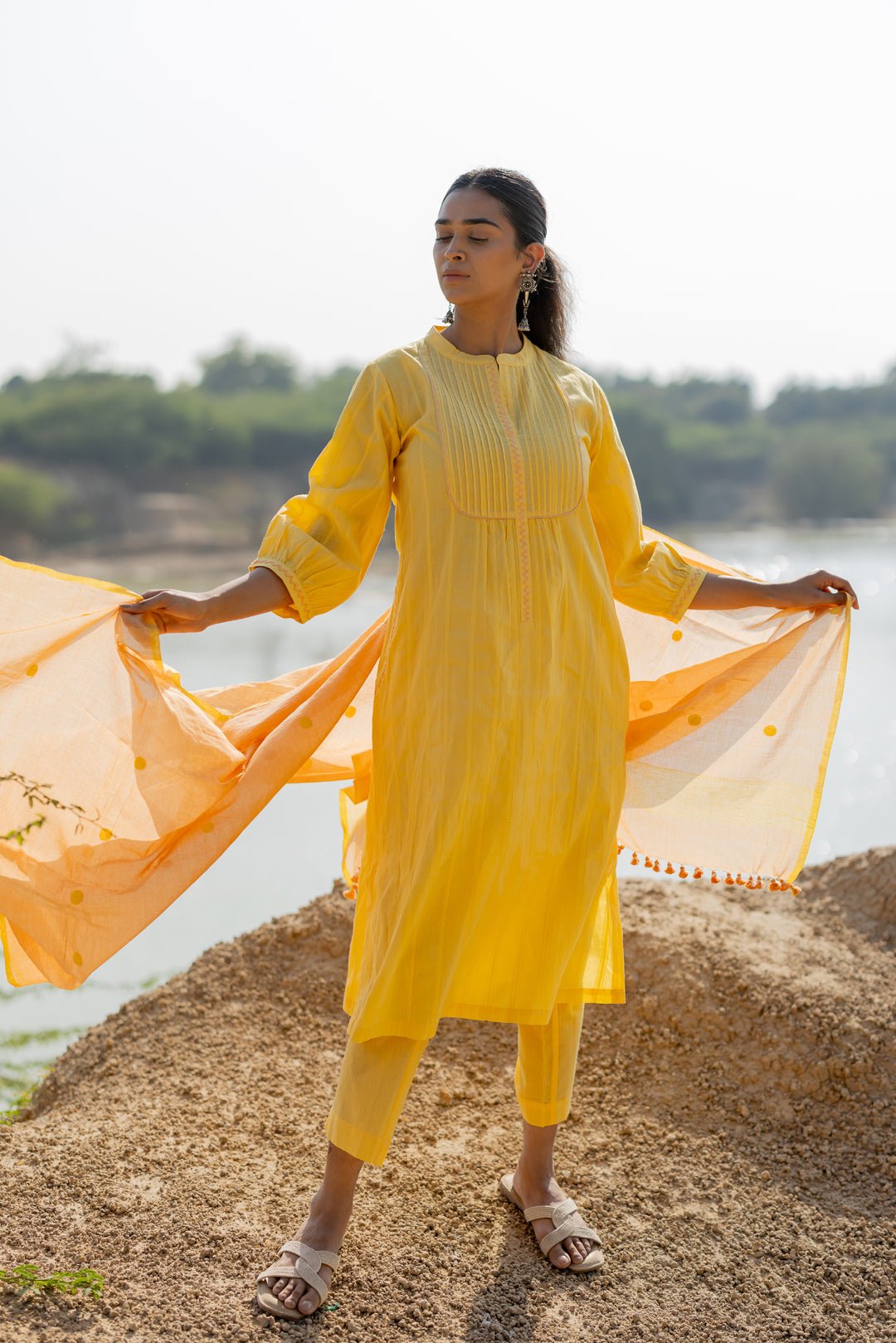 Butter Yellow Pintucks Kurta Set with Peach Jaamdani Dupatta - CiceroniKurta Set, Everyday WearMaidaan