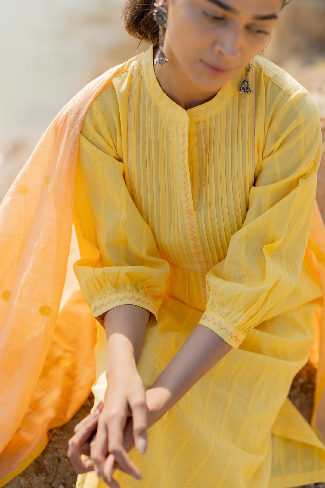 Butter Yellow Pintucks Kurta Set with Peach Jaamdani Dupatta - CiceroniKurta Set, Everyday WearMaidaan