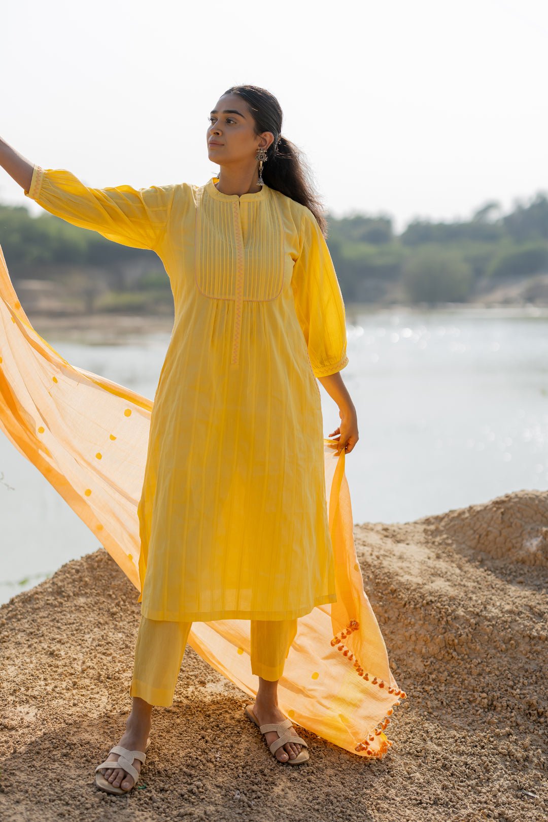 Butter Yellow Pintucks Kurta Set with Peach Jaamdani Dupatta - CiceroniKurta Set, Everyday WearMaidaan