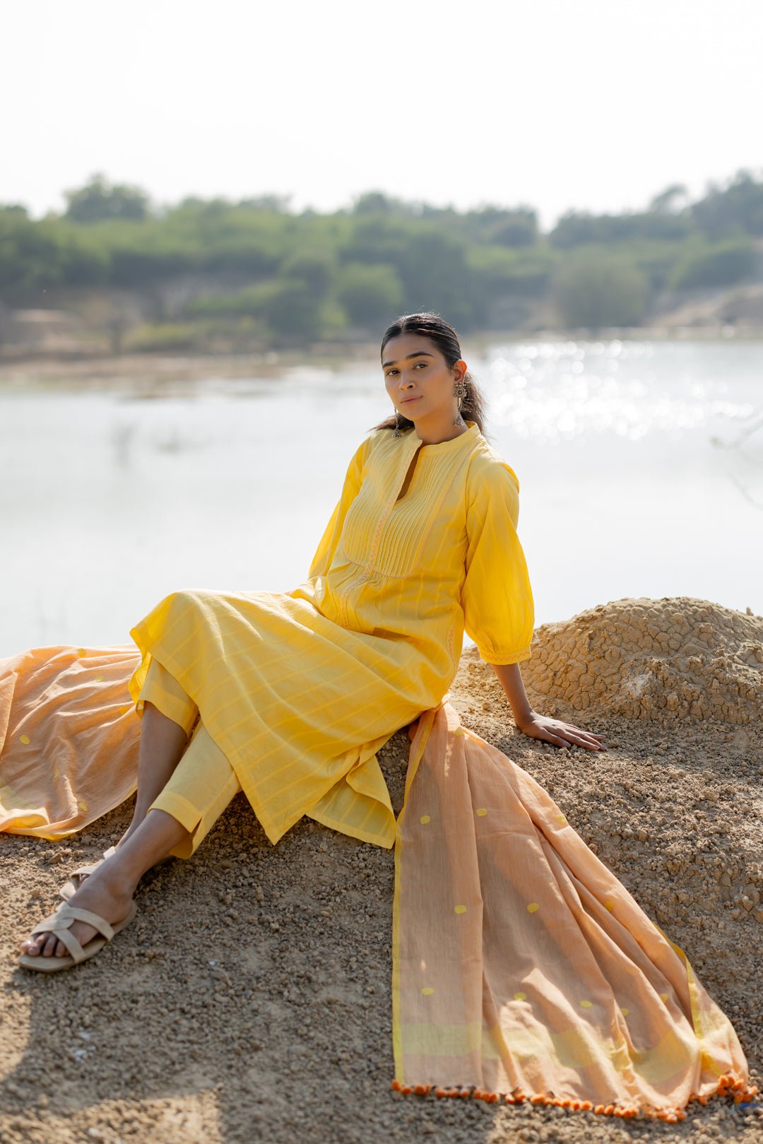 Butter Yellow Pintucks Kurta Set with Peach Jaamdani Dupatta - CiceroniKurta Set, Everyday WearMaidaan