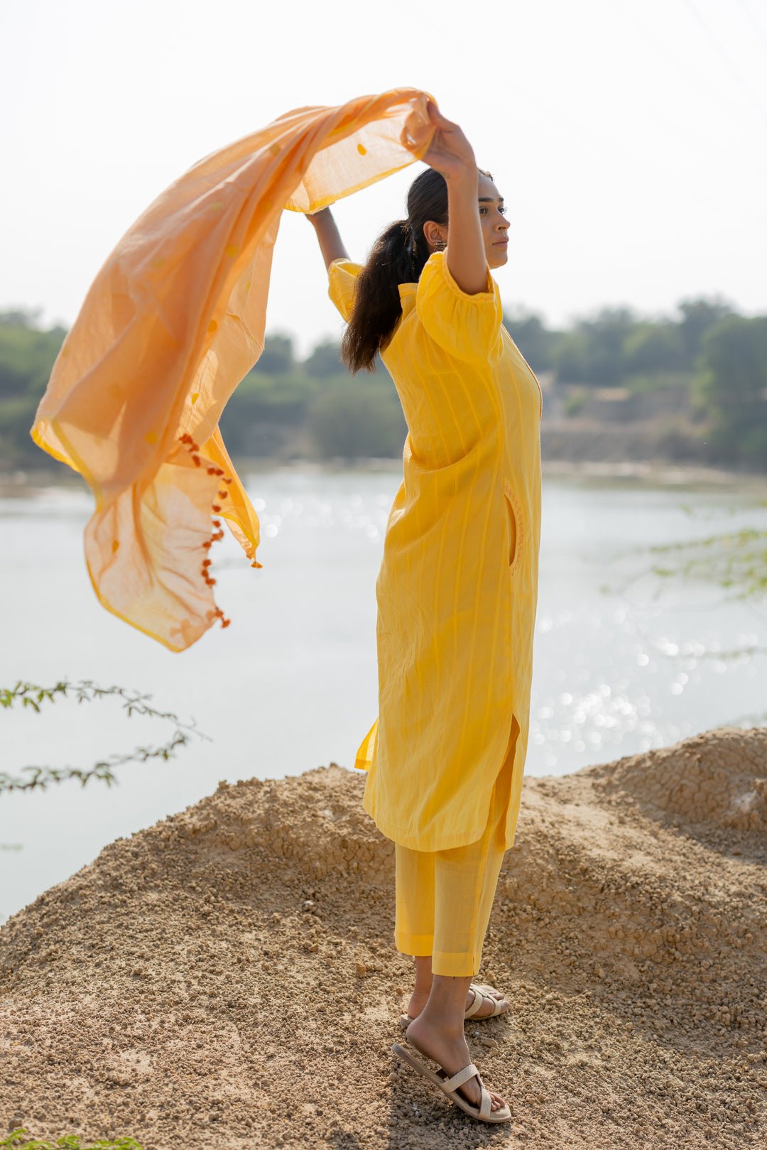 Butter Yellow Pintucks Kurta Set with Peach Jaamdani Dupatta - CiceroniKurta Set, Everyday WearMaidaan