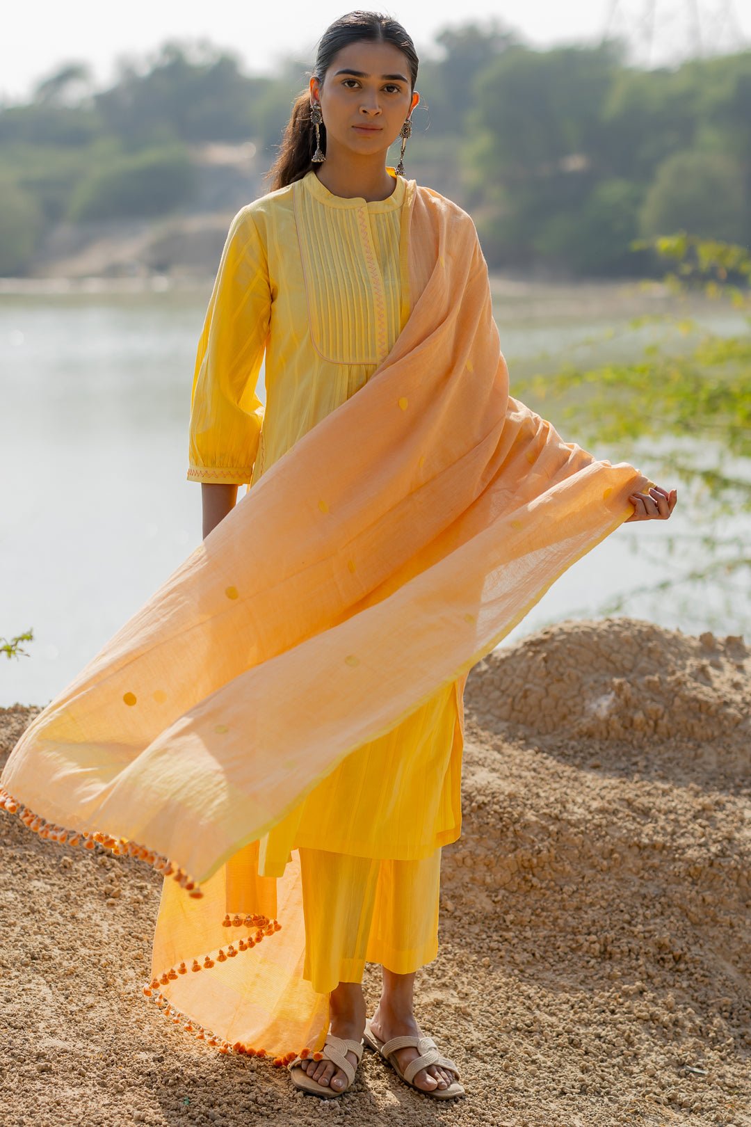Butter Yellow Pintucks Kurta Set with Peach Jaamdani Dupatta - CiceroniKurta Set, Everyday WearMaidaan