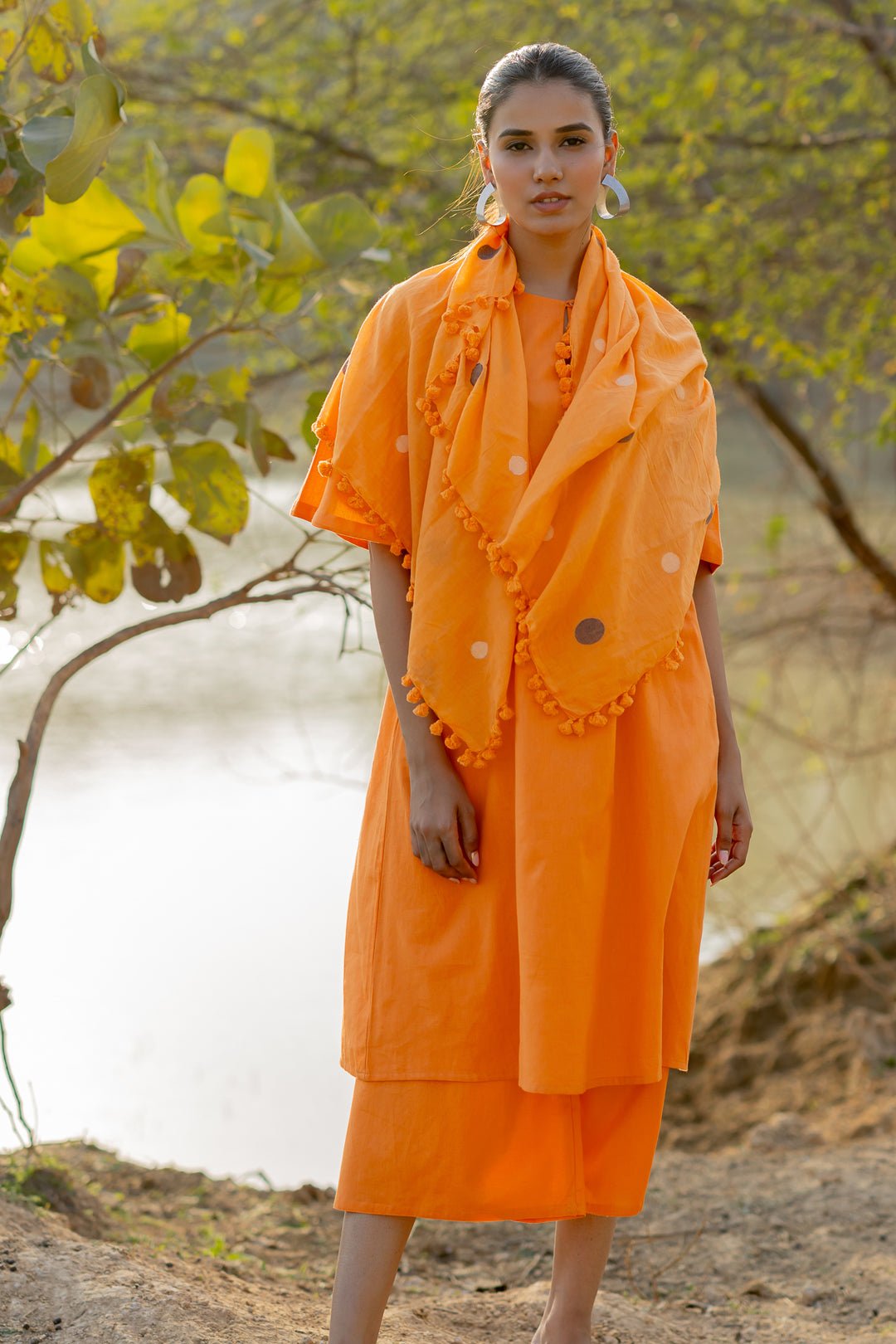 Carrot Orange Kurta and Culottes Set with Jaamdani Scarf - CiceroniKurta Set, Everyday WearMaidaan