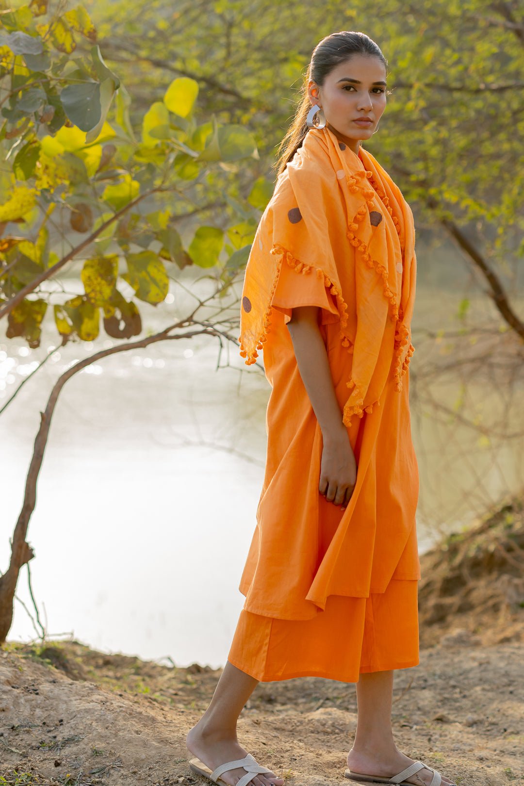 Carrot Orange Kurta and Culottes Set with Jaamdani Scarf - CiceroniKurta Set, Everyday WearMaidaan