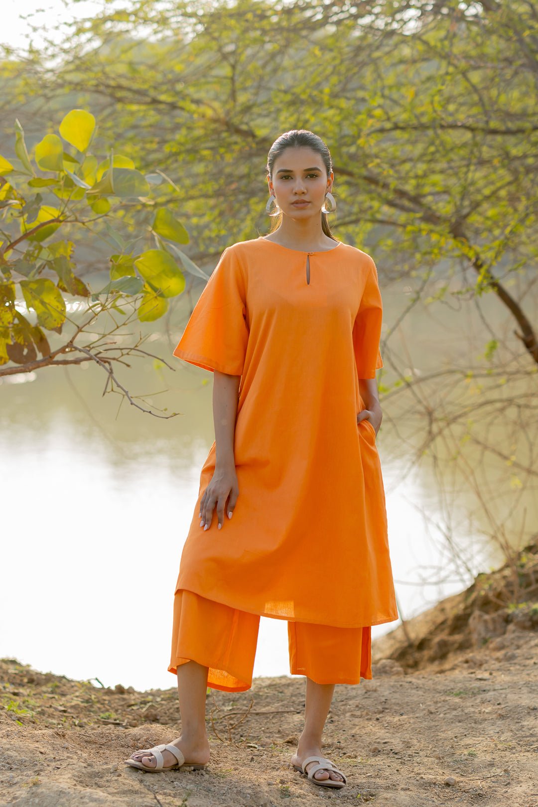 Carrot Orange Kurta and Culottes Set with Jaamdani Scarf - CiceroniKurta Set, Everyday WearMaidaan