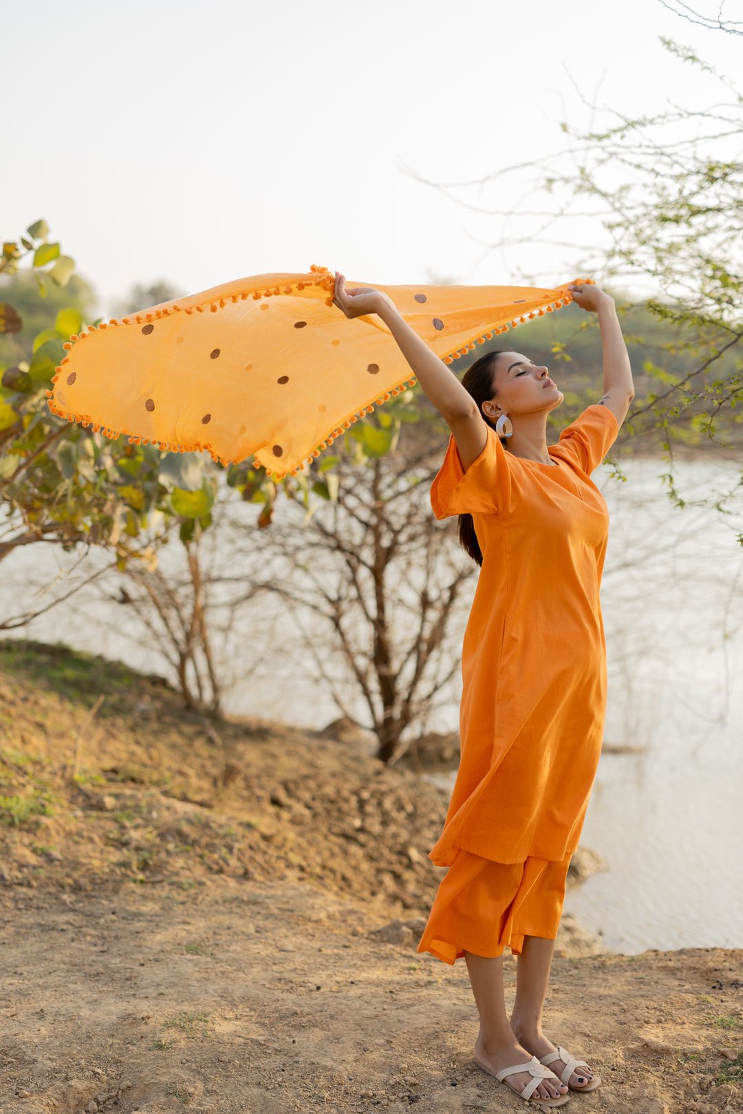 Carrot Orange Kurta and Culottes Set with Jaamdani Scarf - CiceroniKurta Set, Everyday WearMaidaan