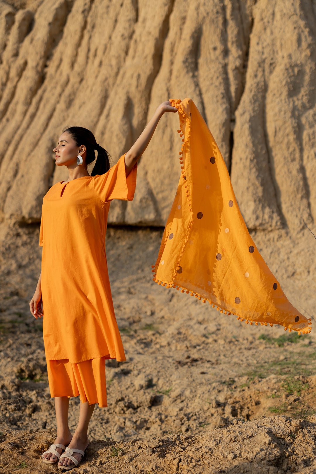 Carrot Orange Kurta and Culottes Set with Jaamdani Scarf - CiceroniKurta Set, Everyday WearMaidaan