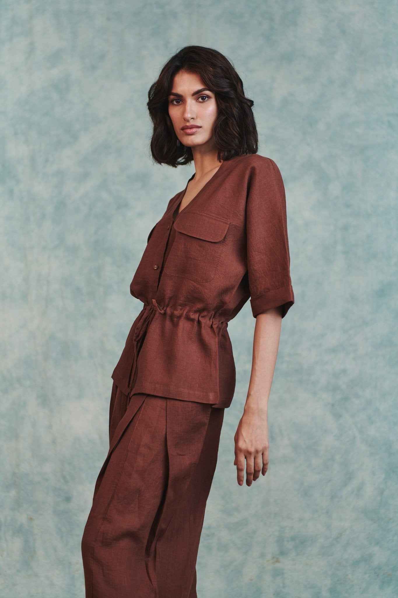 Chocolate Linen Drawstring Shirt & Pleated Tuck Pants Set - CiceroniCo - ord SetSaphed