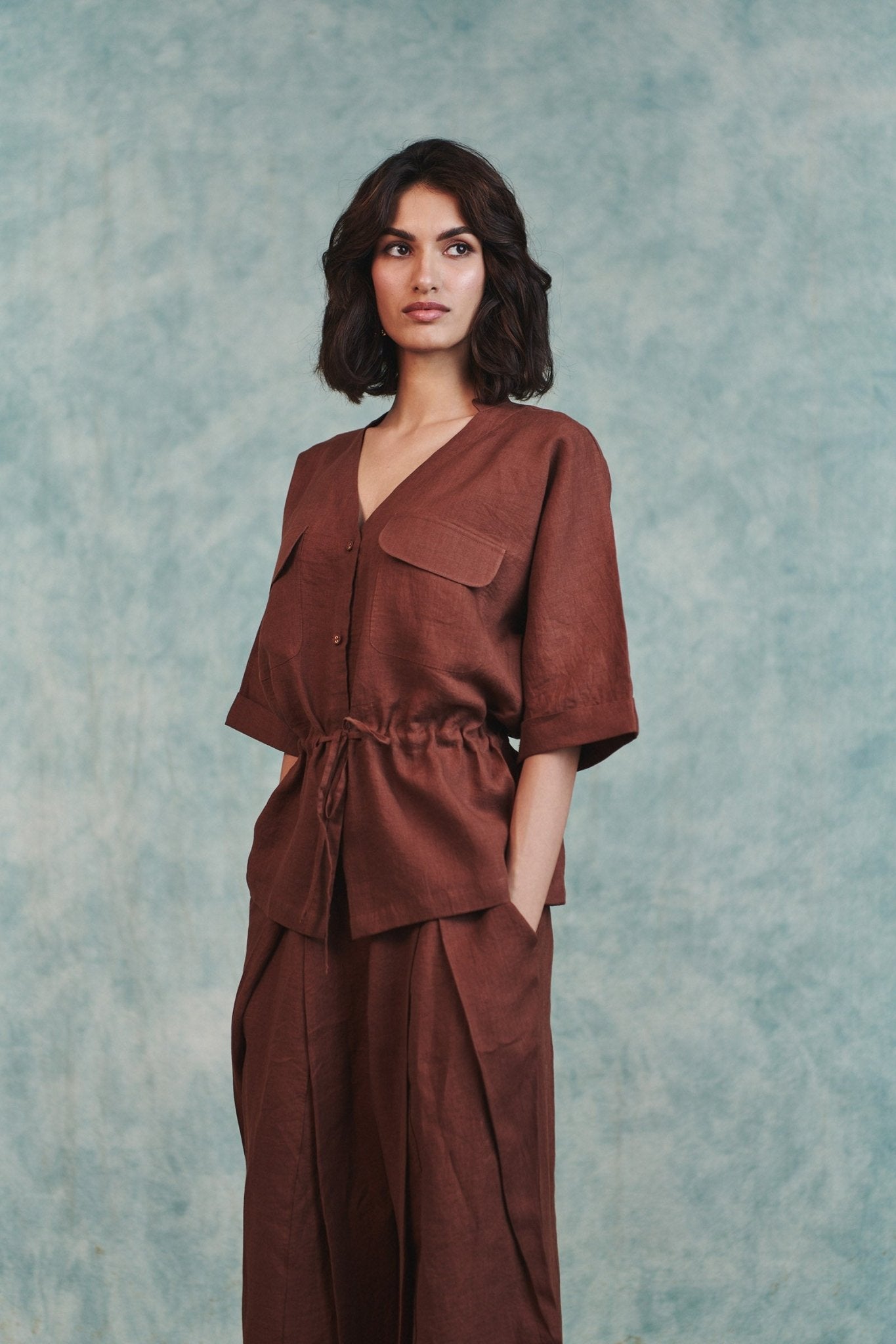 Chocolate Linen Drawstring Shirt & Pleated Tuck Pants Set - CiceroniCo - ord SetSaphed