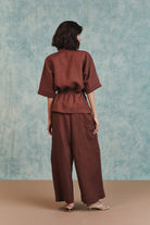 Chocolate Linen Drawstring Shirt & Pleated Tuck Pants Set - CiceroniCo - ord SetSaphed