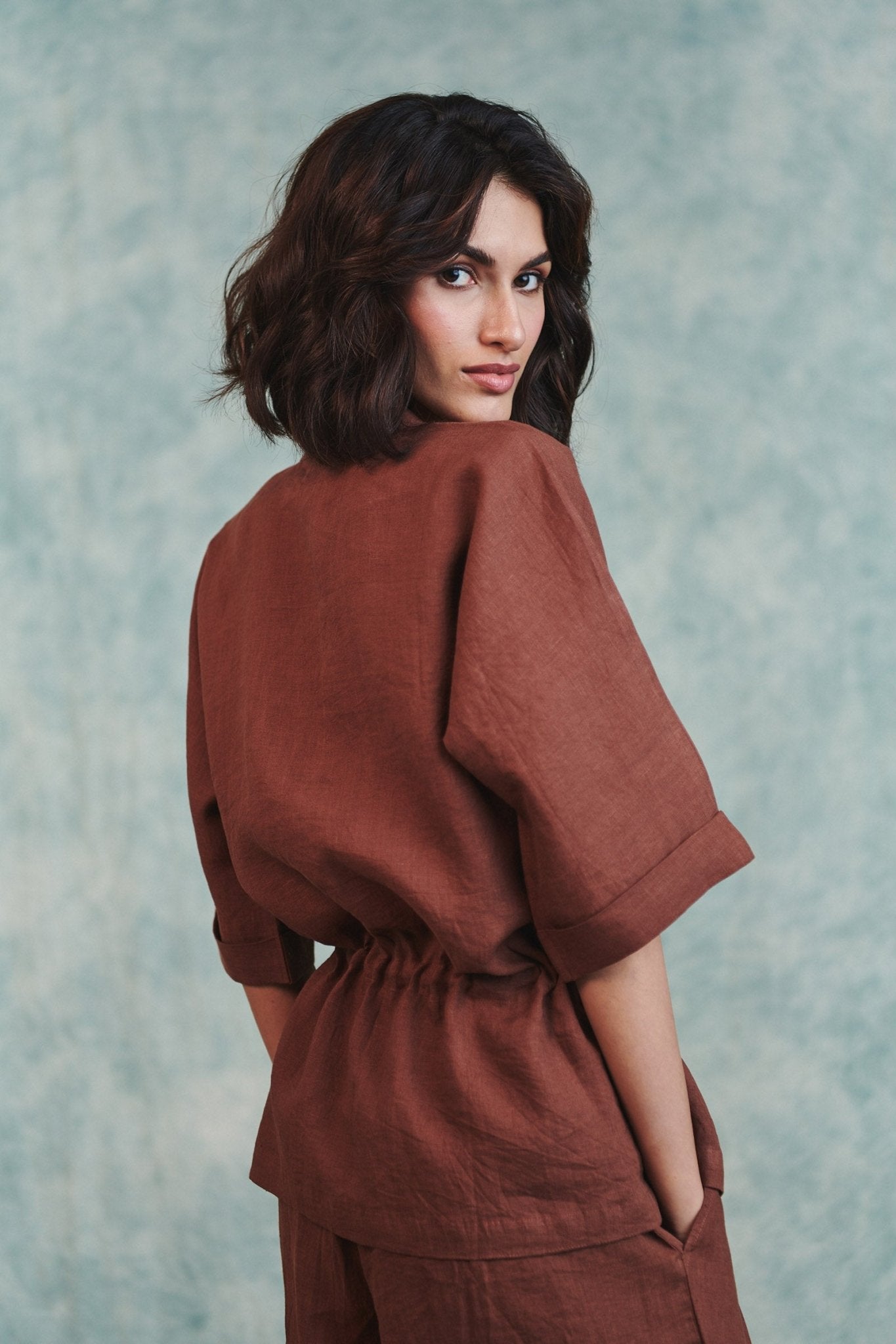 Chocolate Linen Drawstring Shirt & Pleated Tuck Pants Set - CiceroniCo - ord SetSaphed