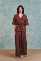 Chocolate Linen Drawstring Shirt & Pleated Tuck Pants Set - CiceroniCo - ord SetSaphed