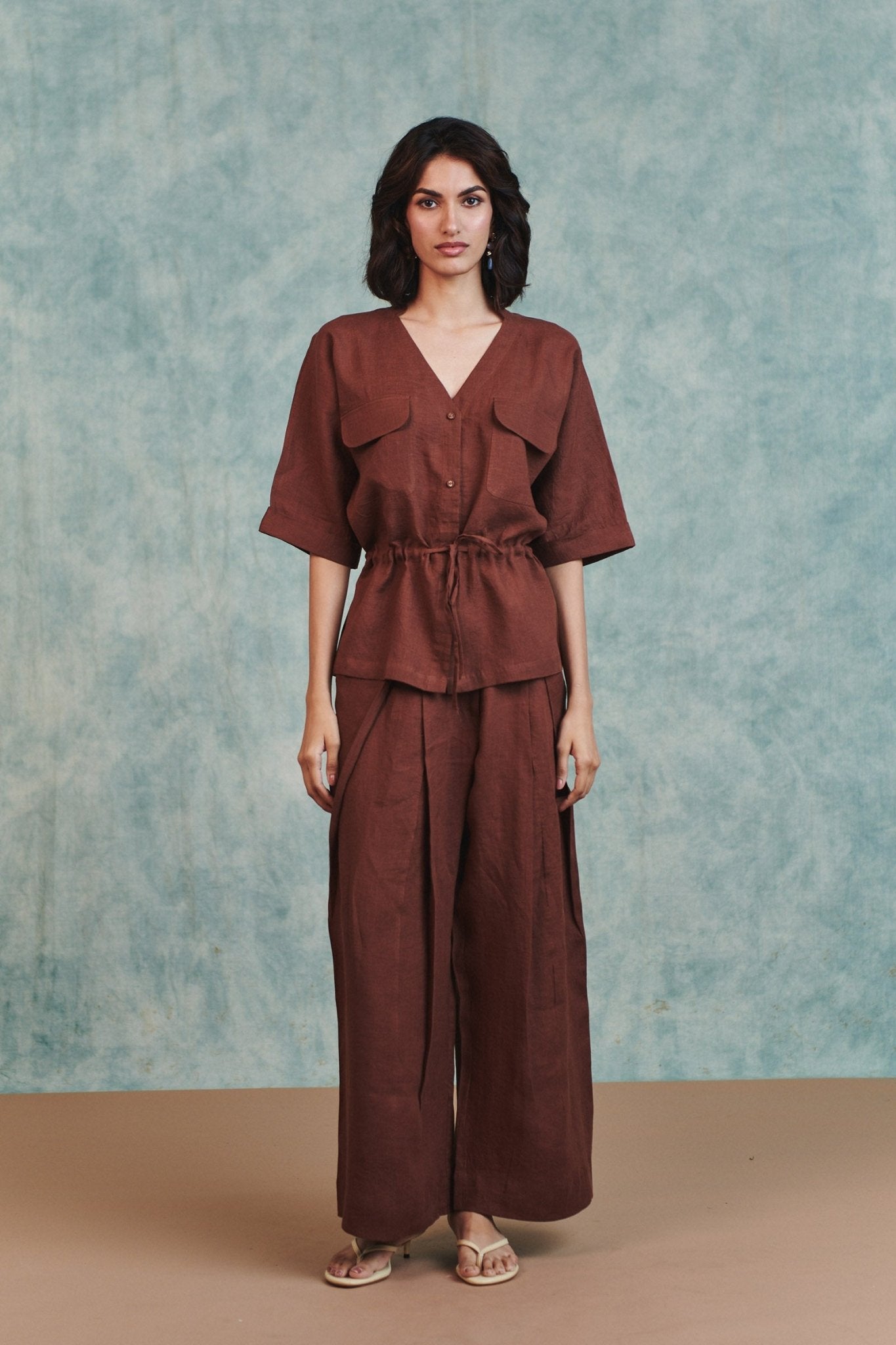 Chocolate Linen Drawstring Shirt - CiceroniWomen ShirtsSaphed