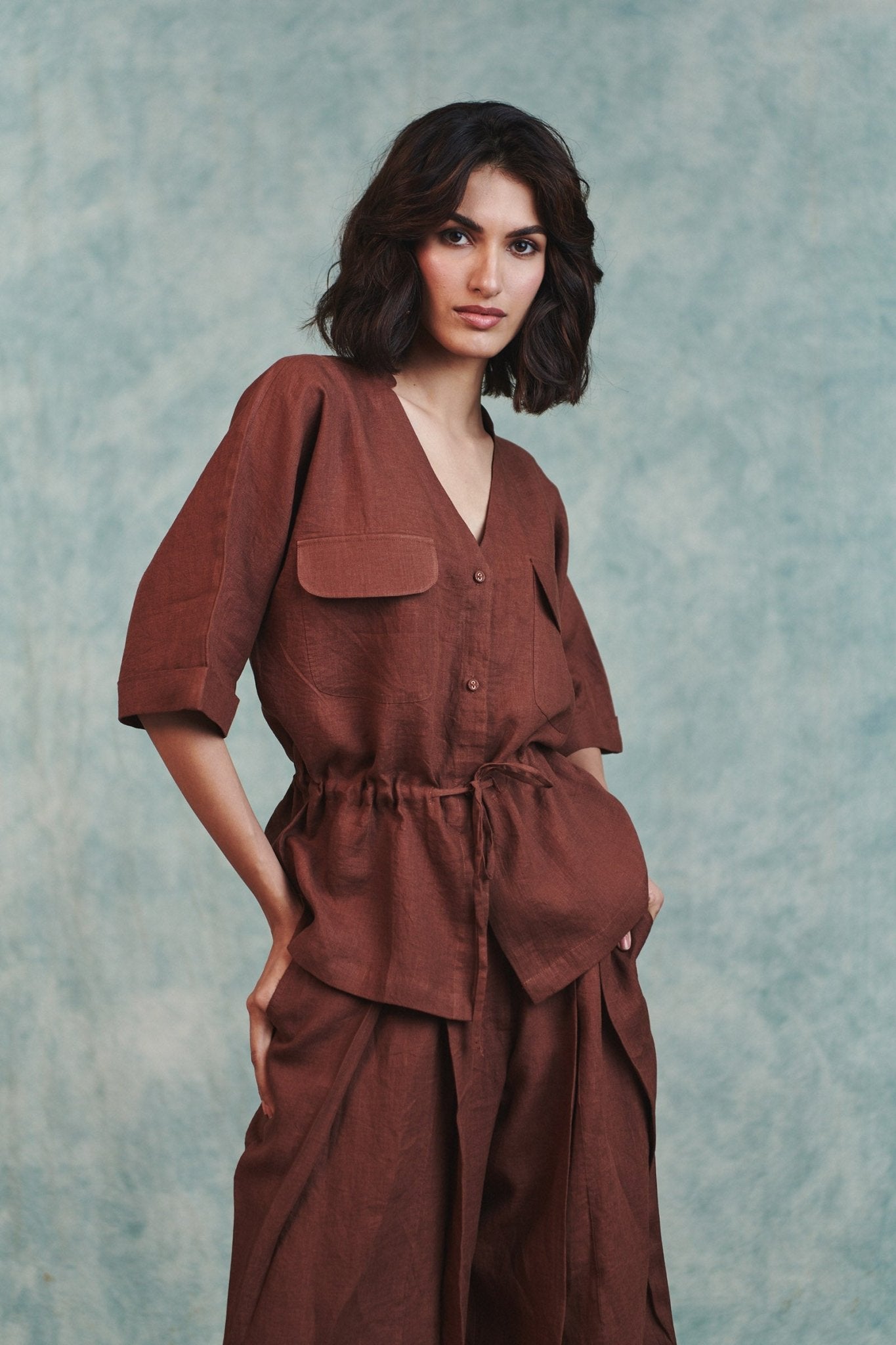 Chocolate Linen Drawstring Shirt - CiceroniWomen ShirtsSaphed