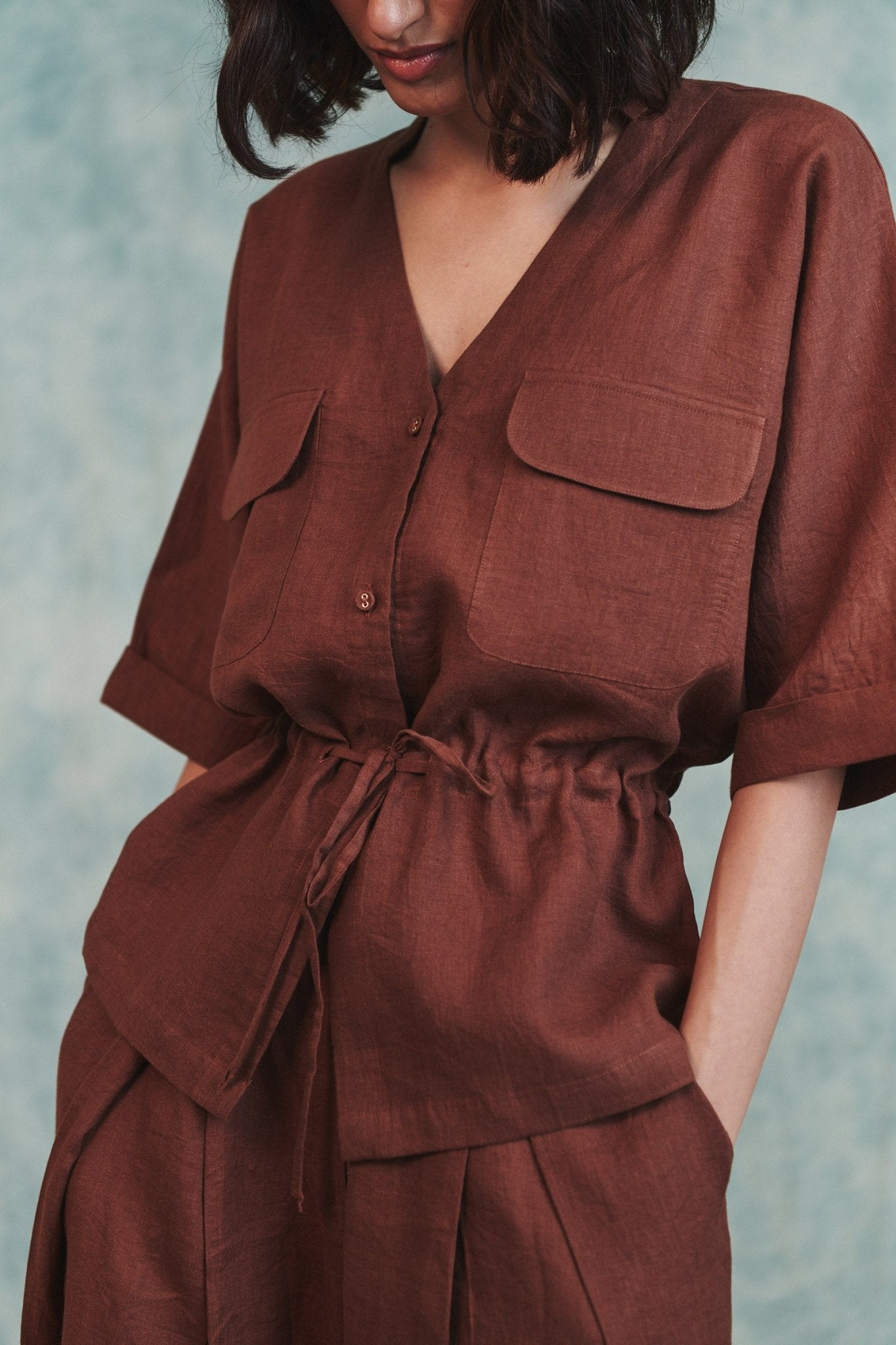 Chocolate Linen Drawstring Shirt - CiceroniWomen ShirtsSaphed