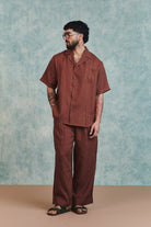 Chocolate Linen Men's Pleated Camp Collar Shirt - CiceroniMen ShirtsSaphed