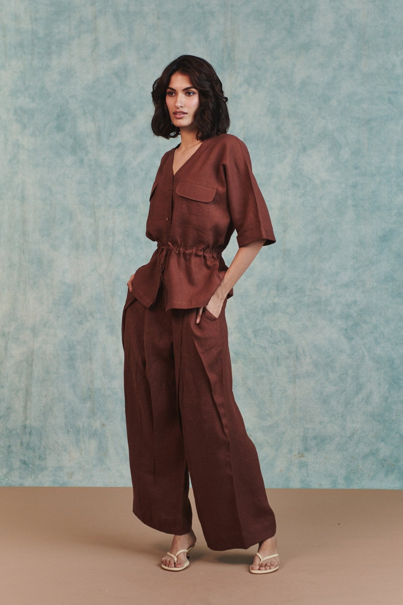 Chocolate Linen Pleated Tuck Pants - CiceroniWomen PantsSaphed