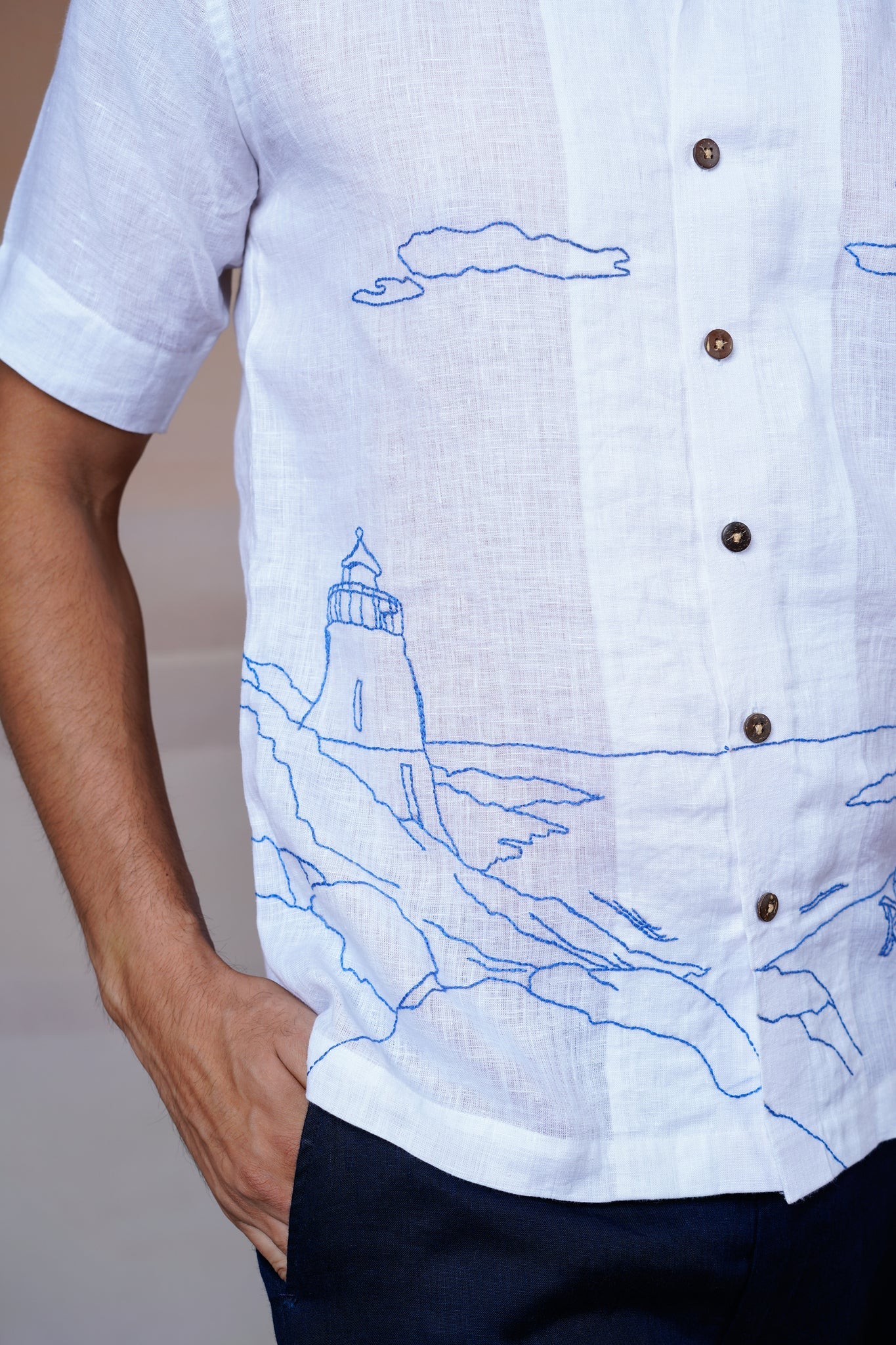 Coastal Charm - Hand Embroidered Unisex Linen Shirt - CiceroniShirtsCultura Studio