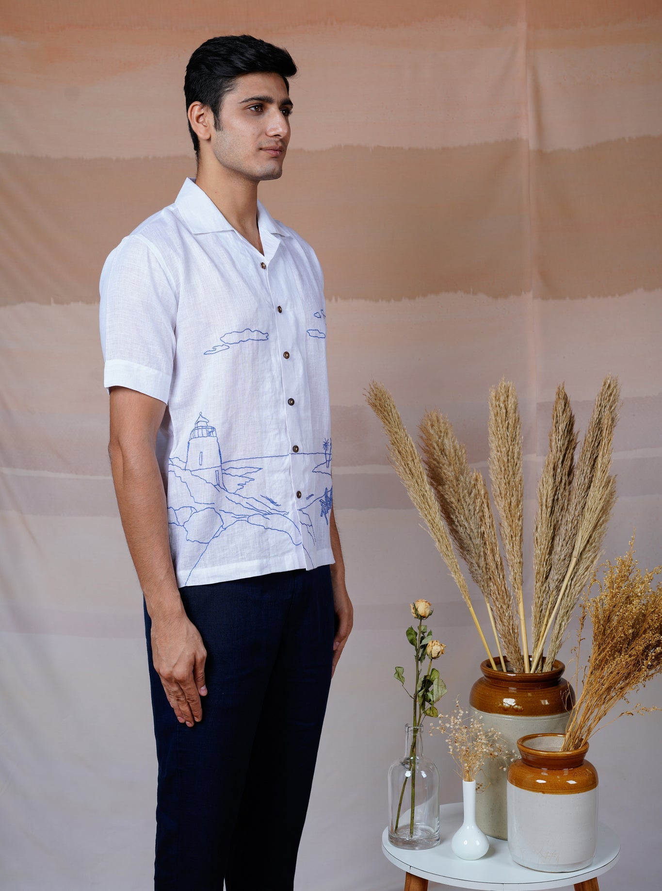 Coastal Charm - Hand Embroidered Unisex Linen Shirt - CiceroniShirtsCultura Studio