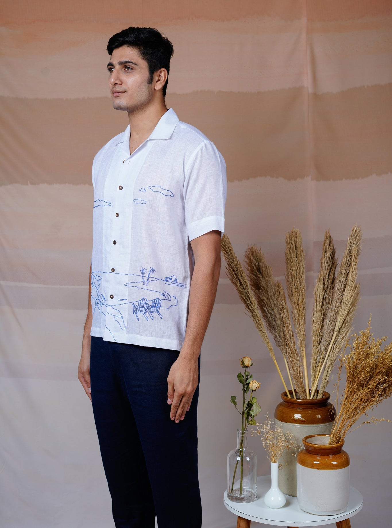 Coastal Charm - Hand Embroidered Unisex Linen Shirt - CiceroniShirtsCultura Studio