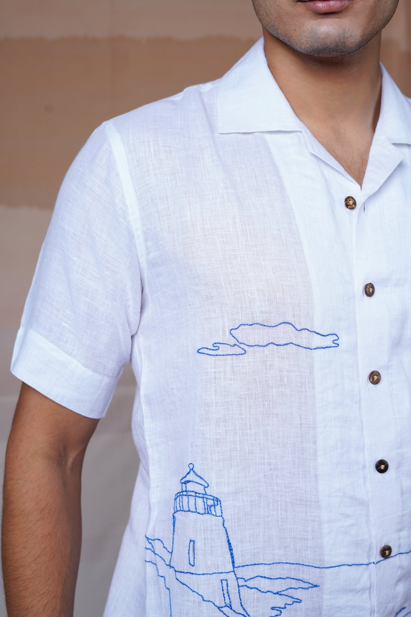 Coastal Charm - Hand Embroidered Unisex Linen Shirt - CiceroniShirtsCultura Studio