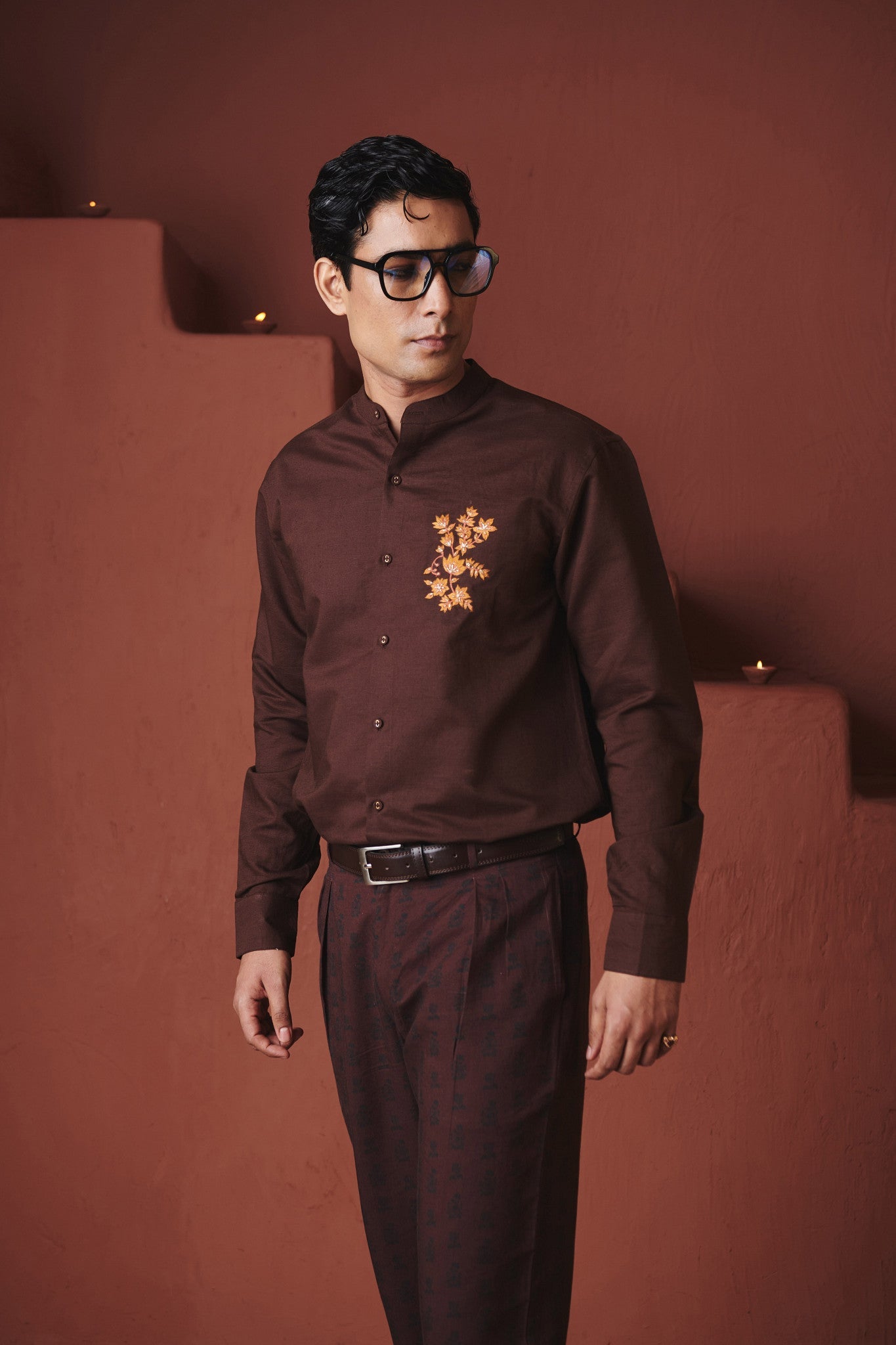 Coffee Co - Linen Men's Band Collar Shirt – Slim Fit - CiceroniMen ShirtsSaphed