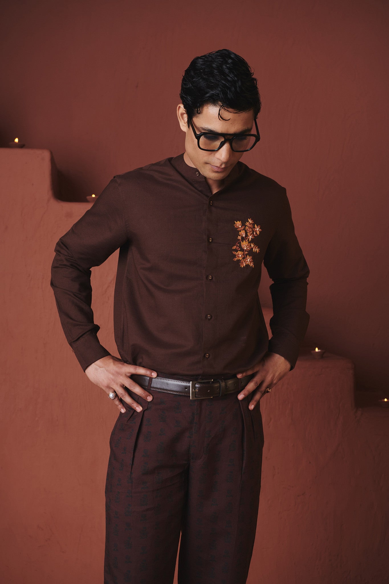 Coffee Co - Linen Men's Band Collar Shirt – Slim Fit - CiceroniMen ShirtsSaphed