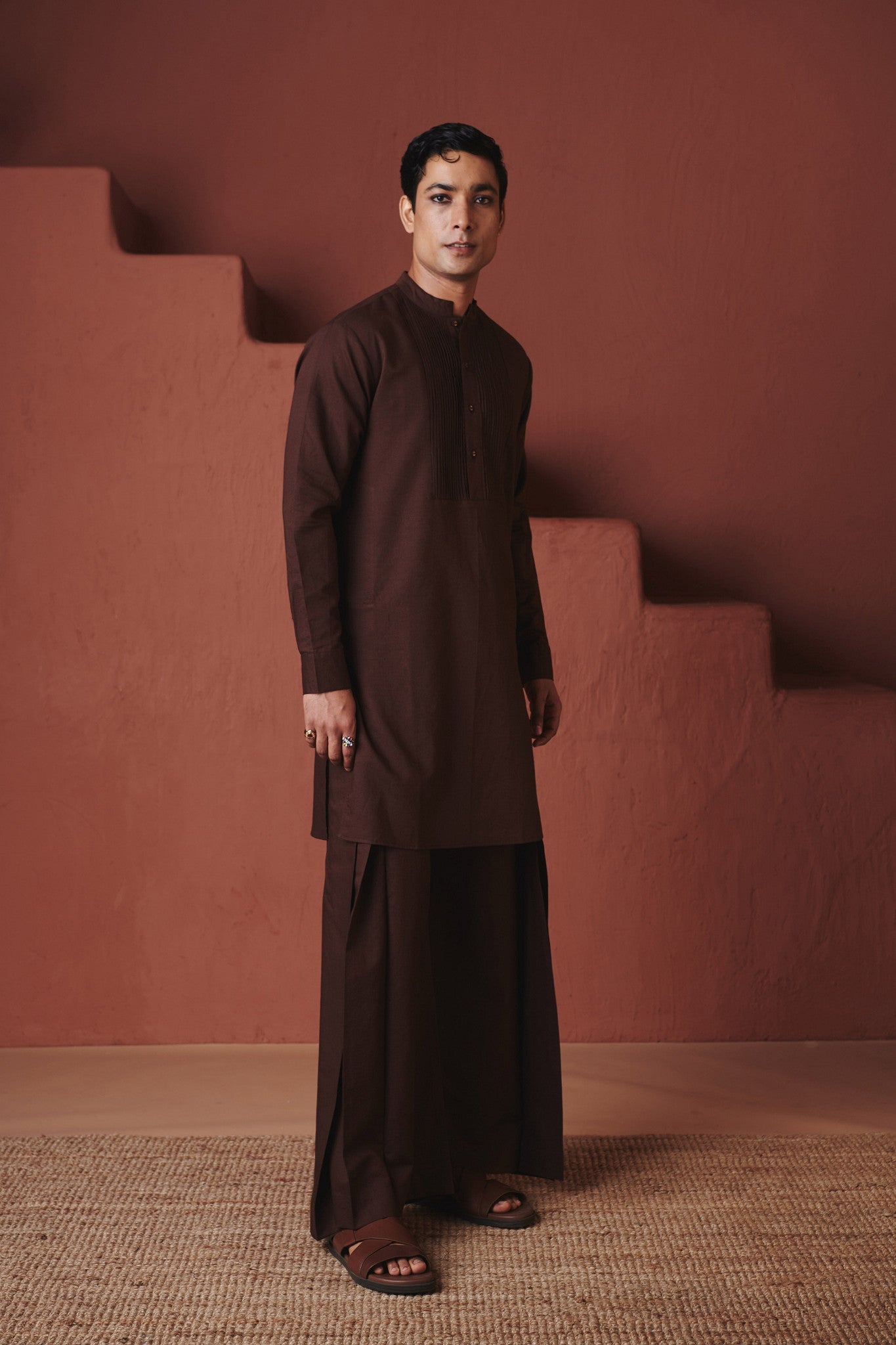 Coffee Co - Linen Men's Pleated Yoke Kurta Set - CiceroniKurta Set, Festive WearSaphed