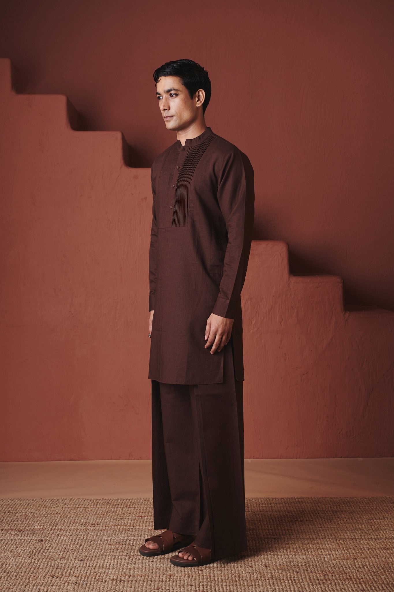 Coffee Co - Linen Men's Pleated Yoke Kurta Set - CiceroniKurta Set, Festive WearSaphed