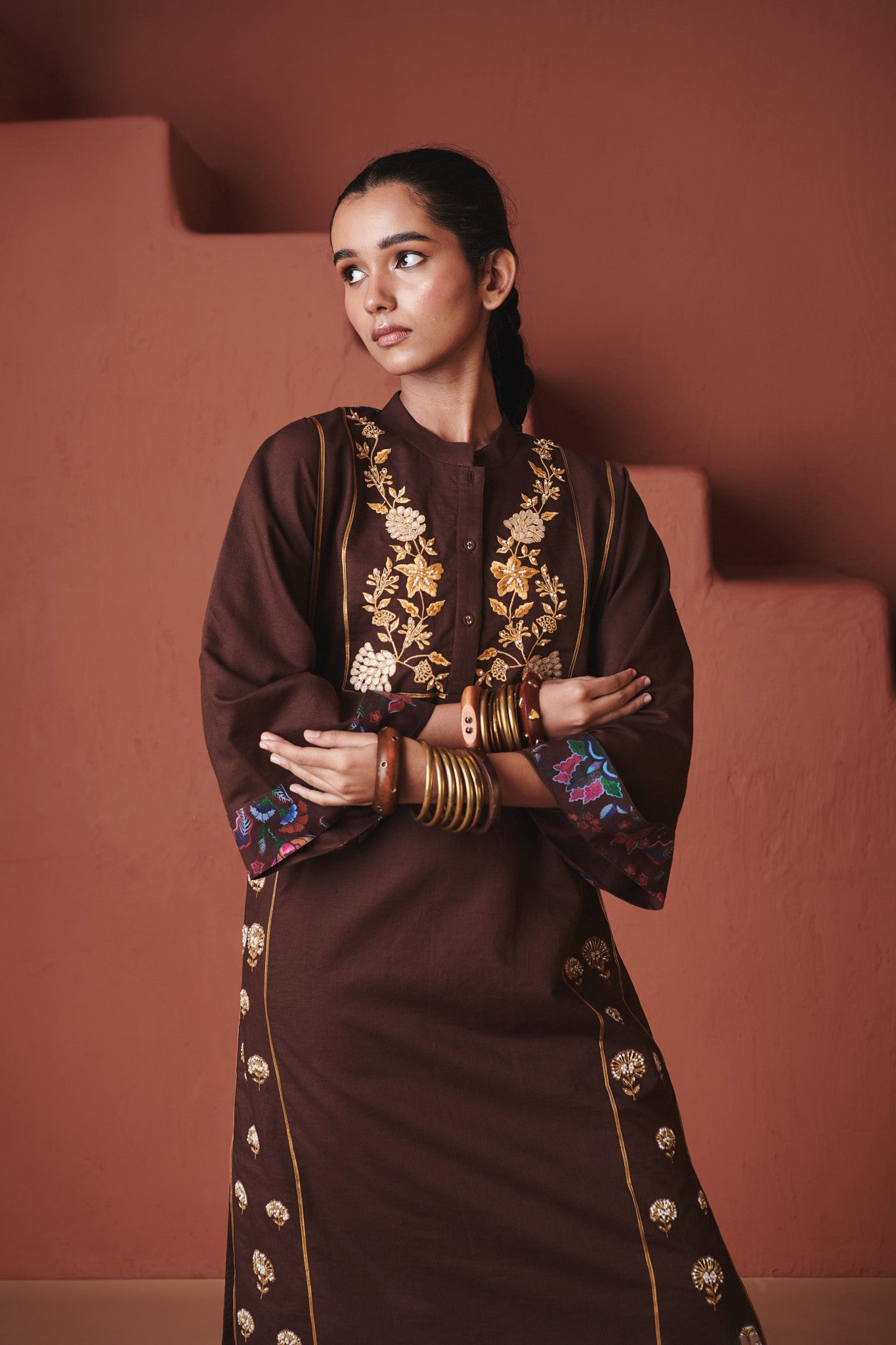 Coffee Co - Linen Multi - Panelled Kurta Set - CiceroniWomen PantsSaphed