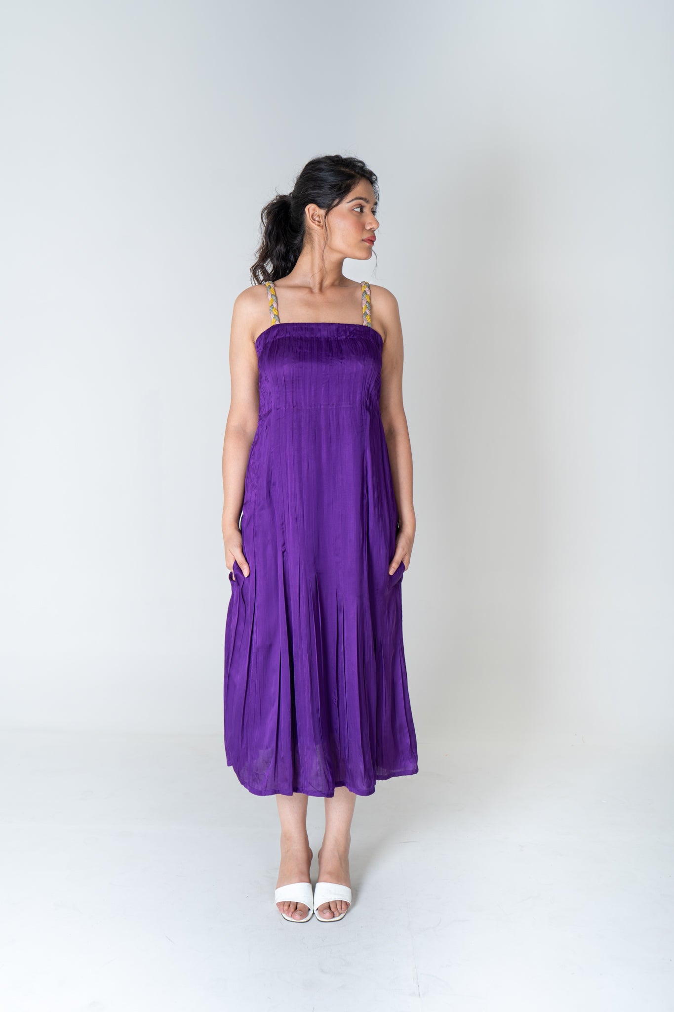 Color - Blocked Braided Sleeveless Purple Maxi Dress - CiceroniDressesNeora