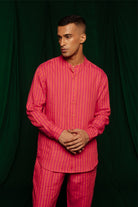 Coral Linen Men's Band Collar Shirt - CiceroniMen ShirtsSaphed