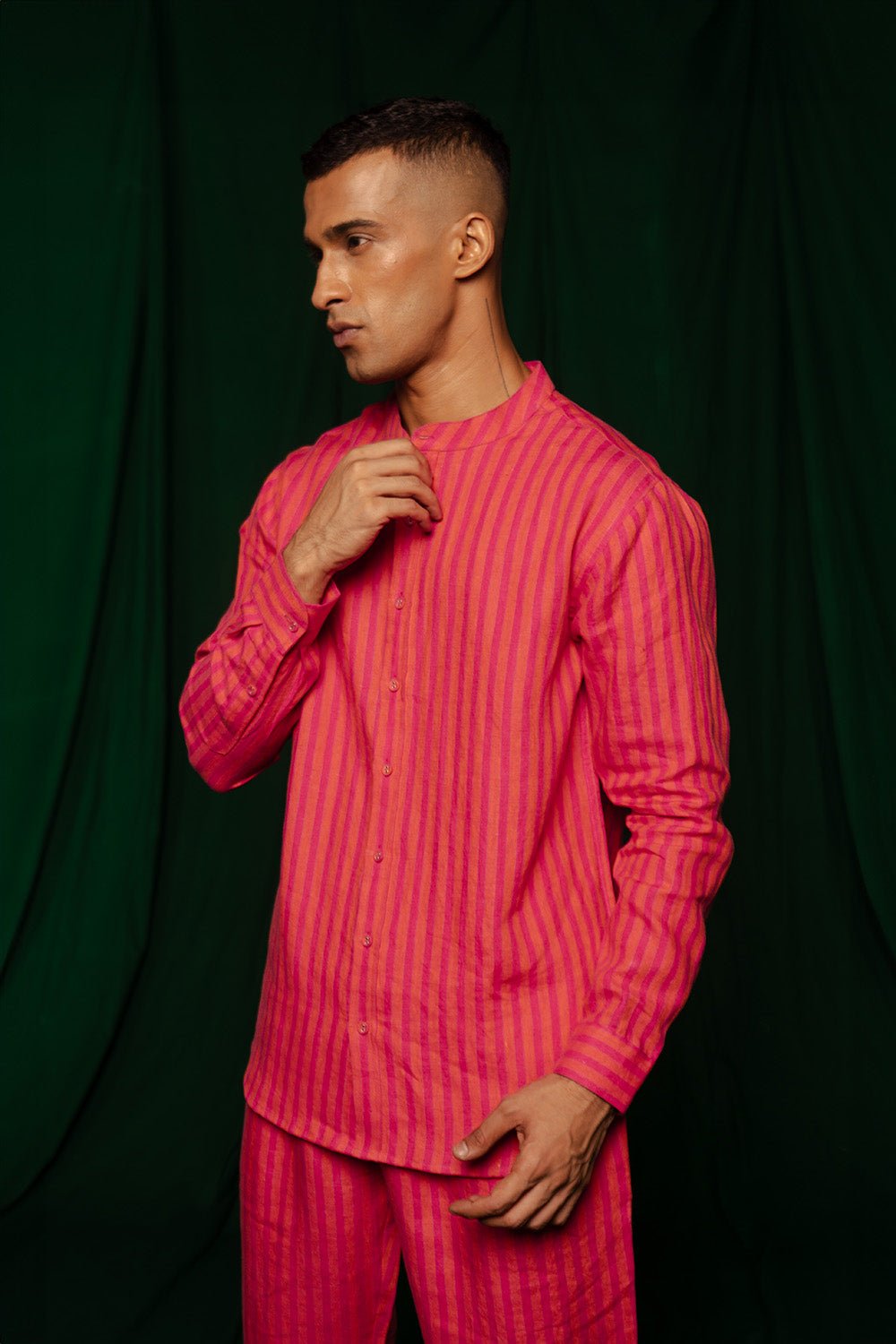 Coral Linen Men's Band Collar Shirt - CiceroniMen ShirtsSaphed