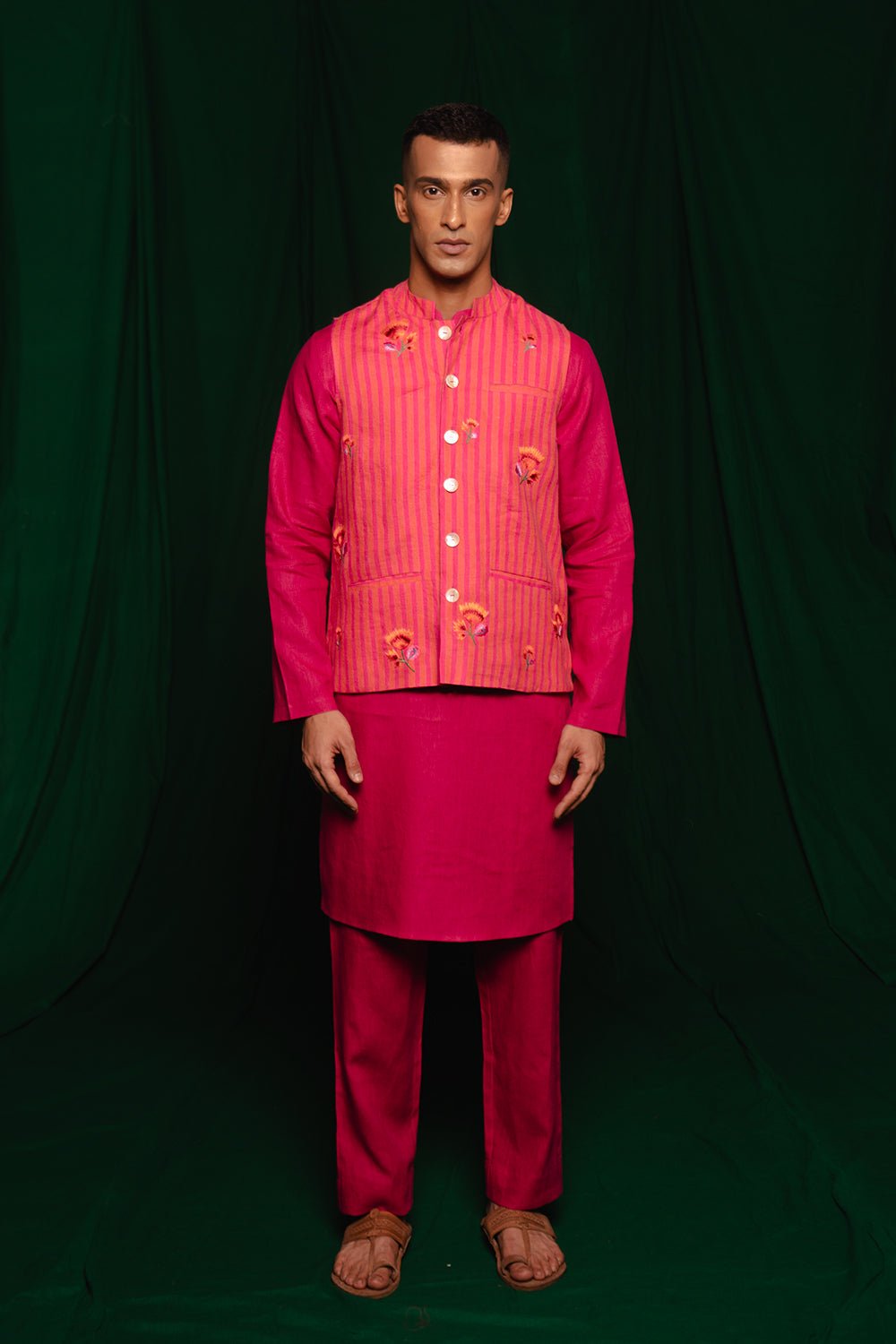 Coral Linen Nehru Jacket - CiceroniJacketsSaphed