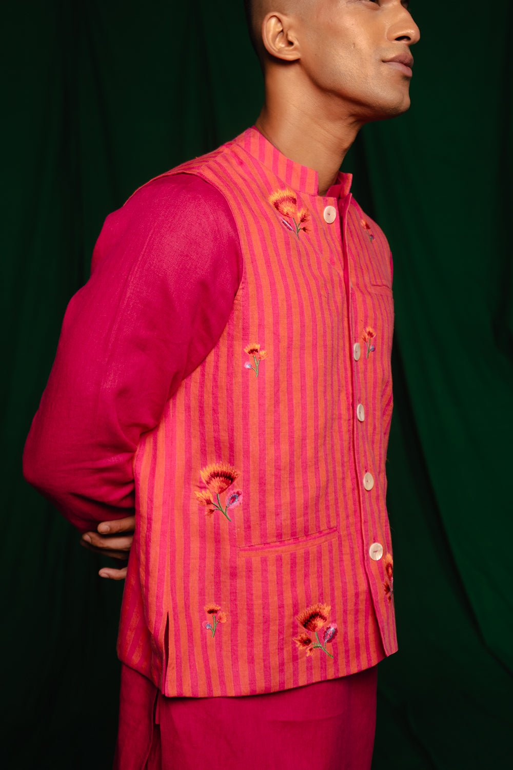 Coral Linen Nehru Jacket - CiceroniJacketsSaphed