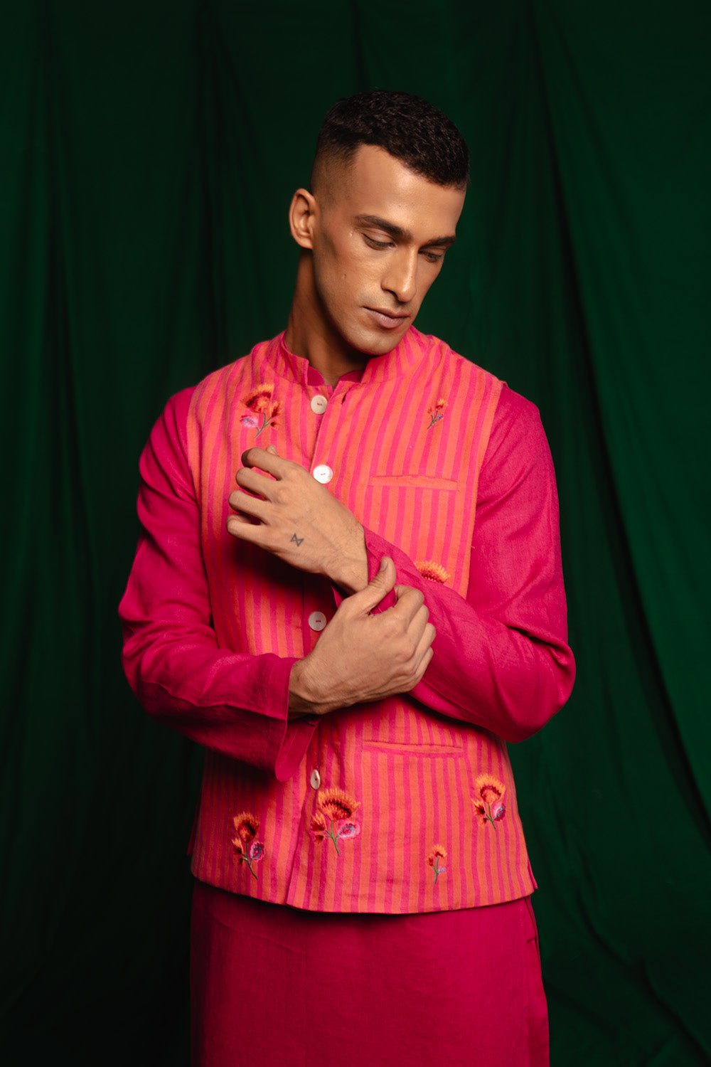 Coral Linen Nehru Jacket - CiceroniJacketsSaphed