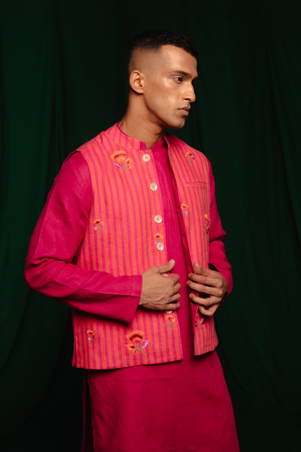 Coral Linen Nehru Jacket - CiceroniJacketsSaphed